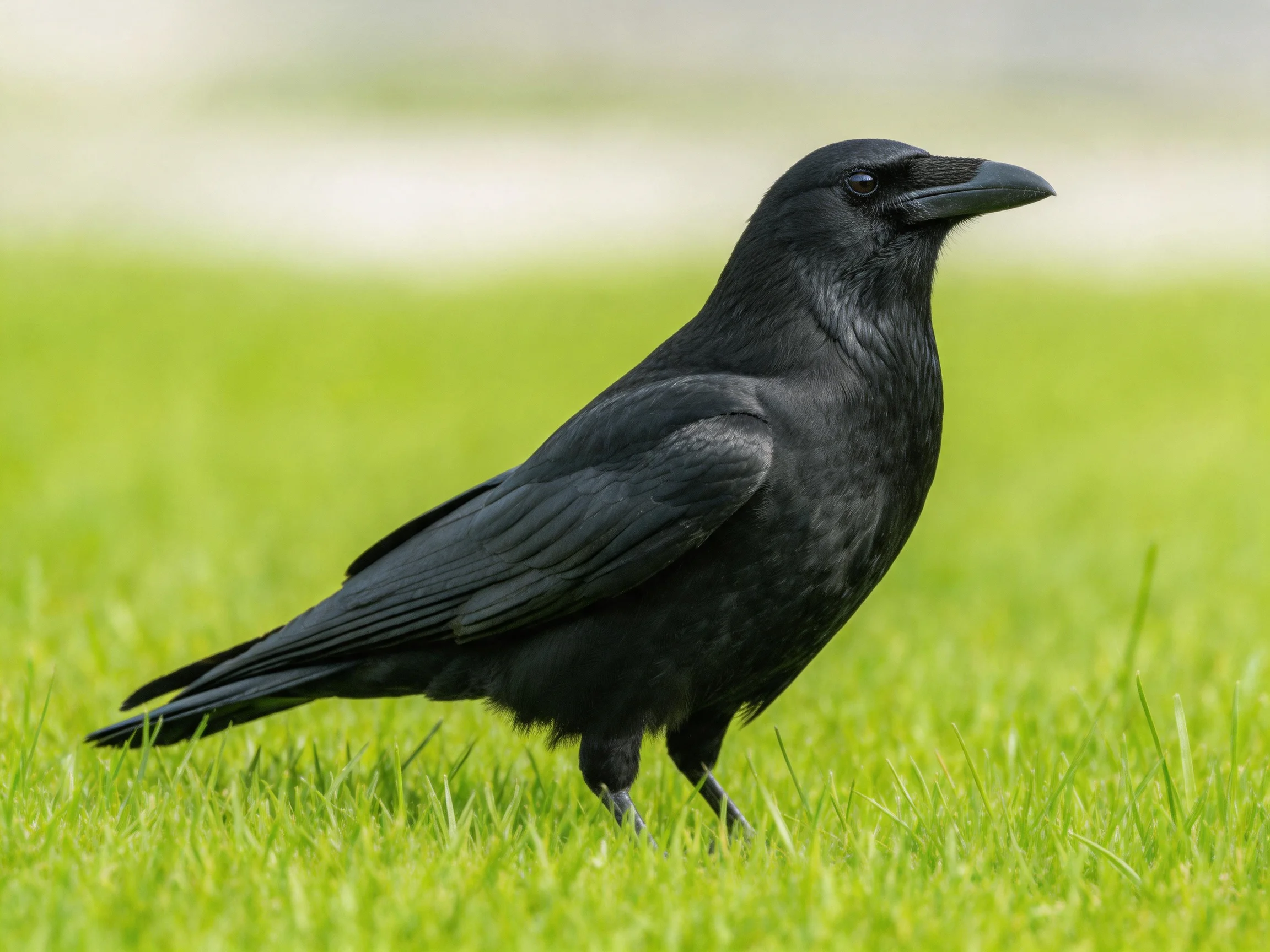 A glossy black crow with smooth feathers stands on lush green grass