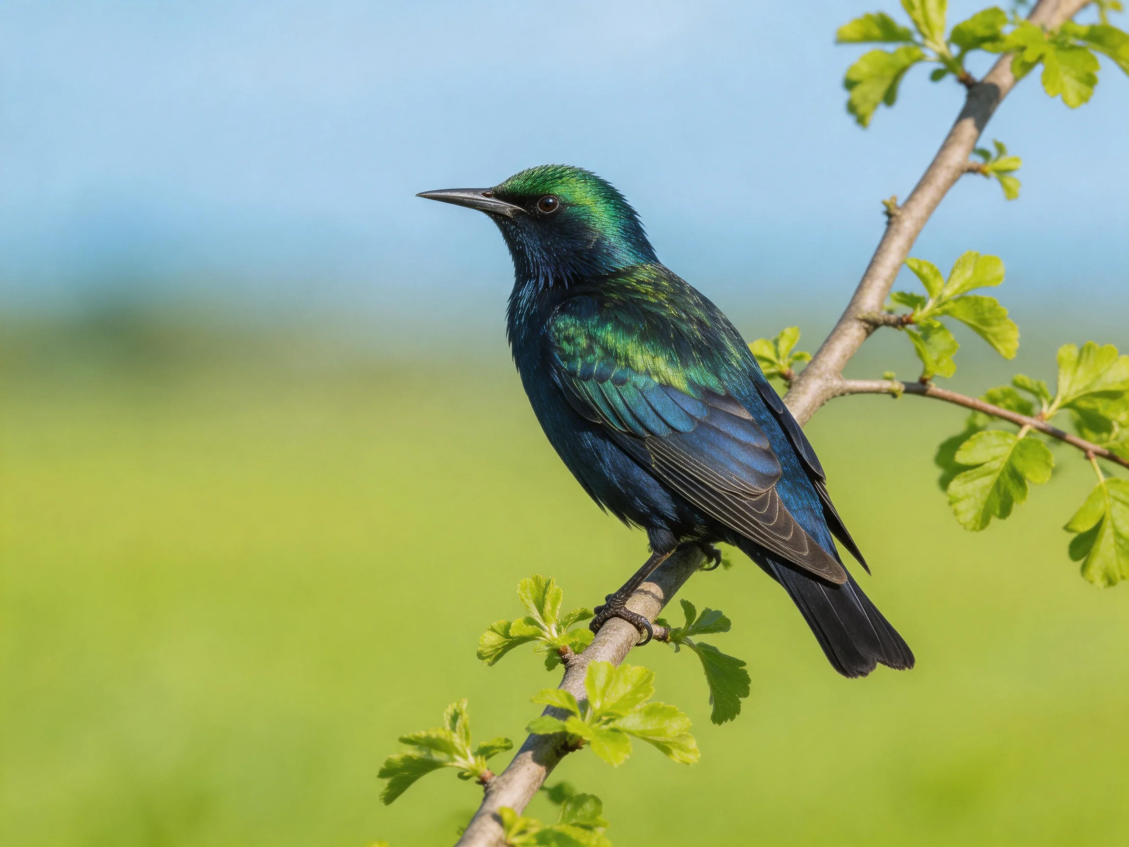 A glossy green-blue bird perches on a leafy branch