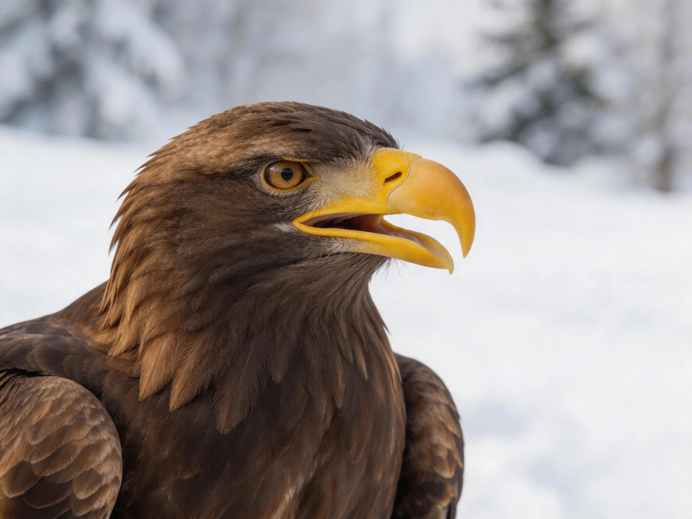 A golden-beaked eagle with brown plumage in a snowy landscape