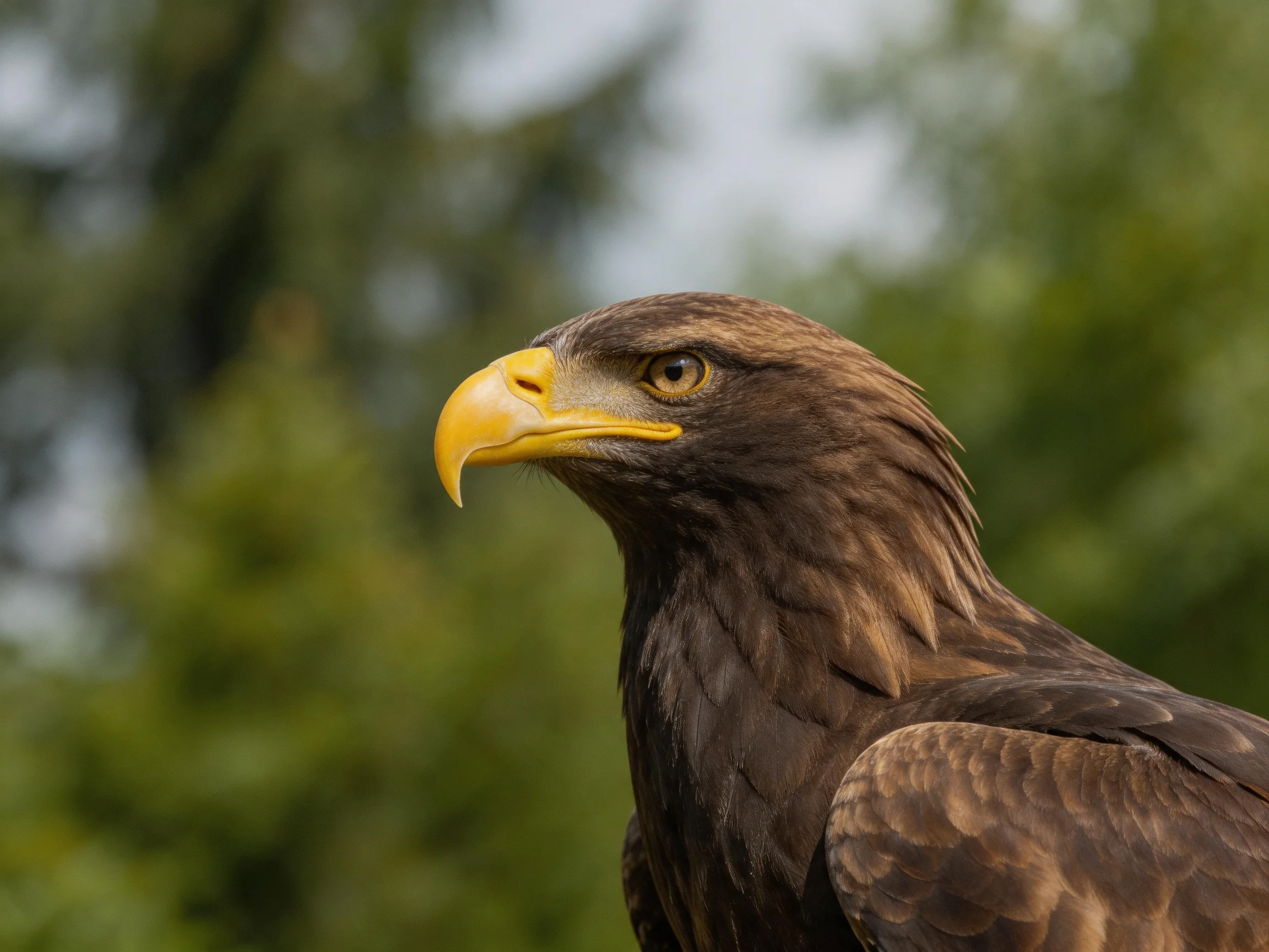 A golden - beaked eagle with rich brown plumage near green foliage