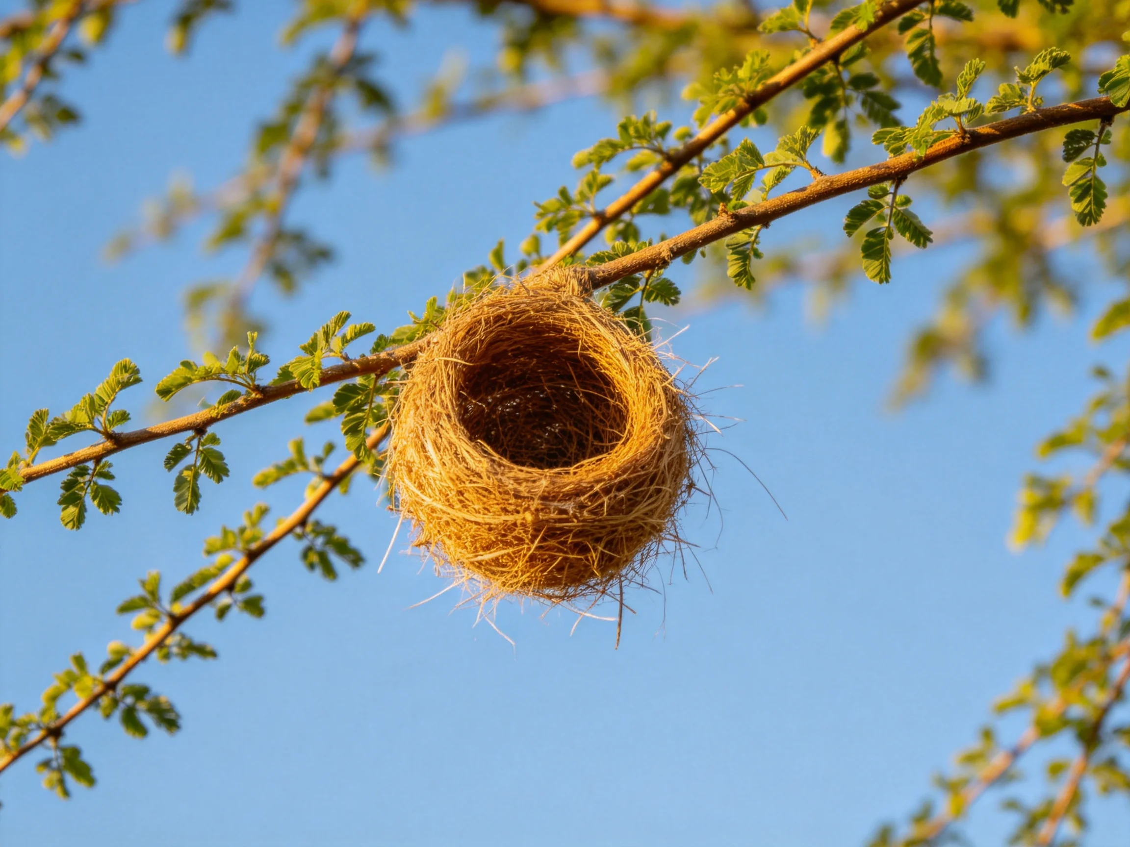 A golden bird nest hangs from a leafy tree branch under clear blue sky