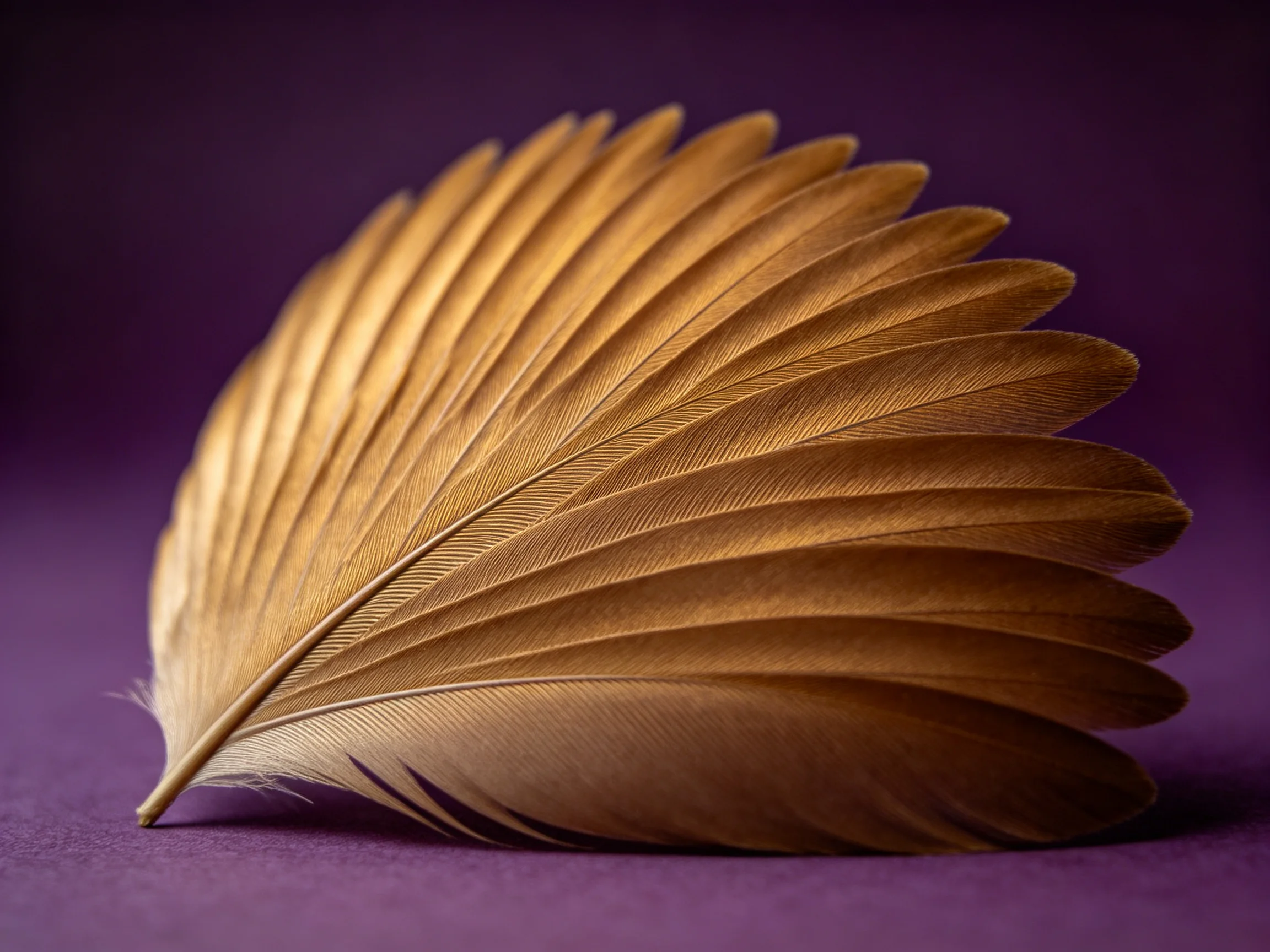 A golden feather with layered plumage on a deep purple surface