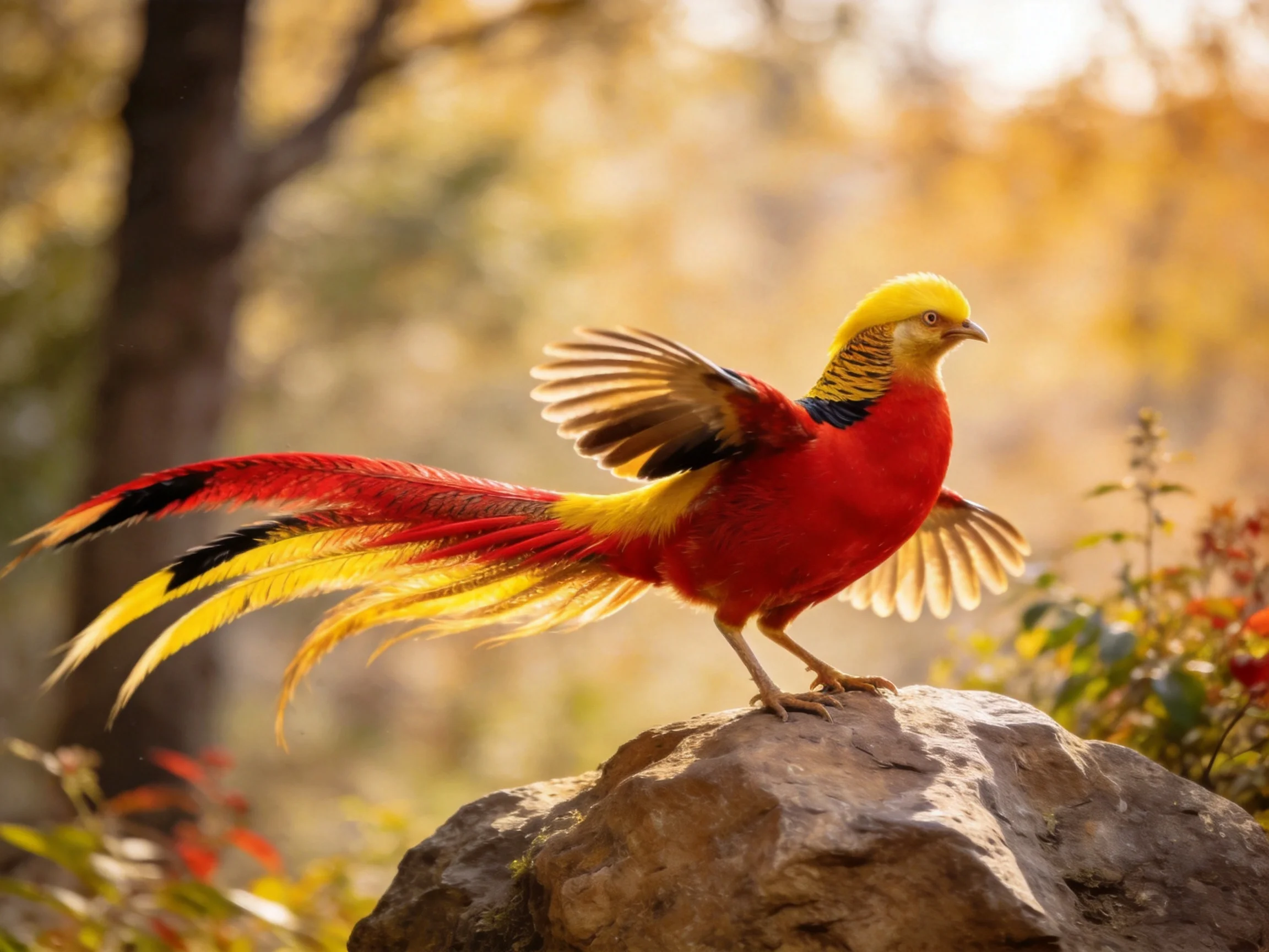 A golden pheasant with red, yellow, and black plumage on rock