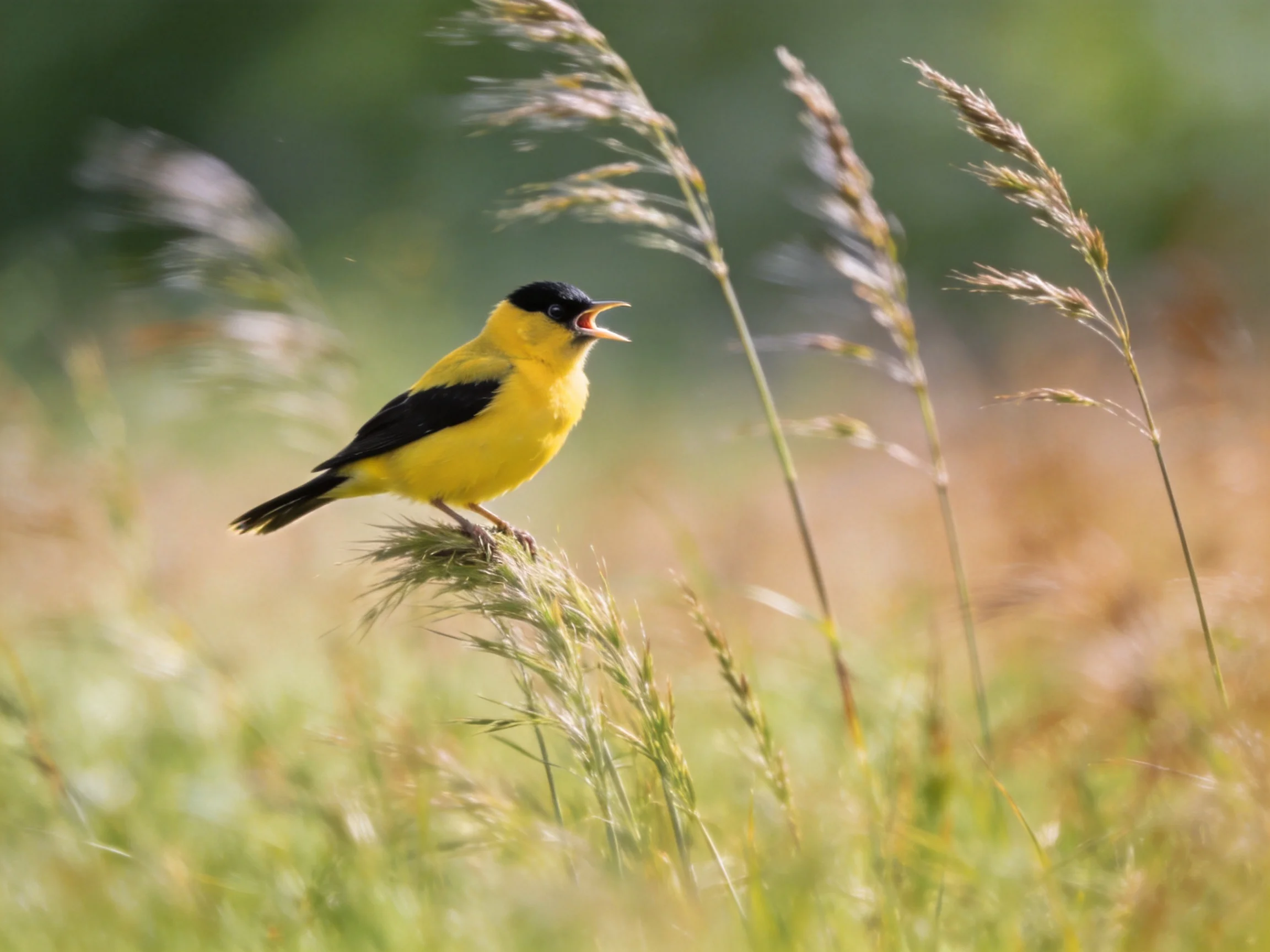 A colorful songbird perches among tall grasses in a natural setting.