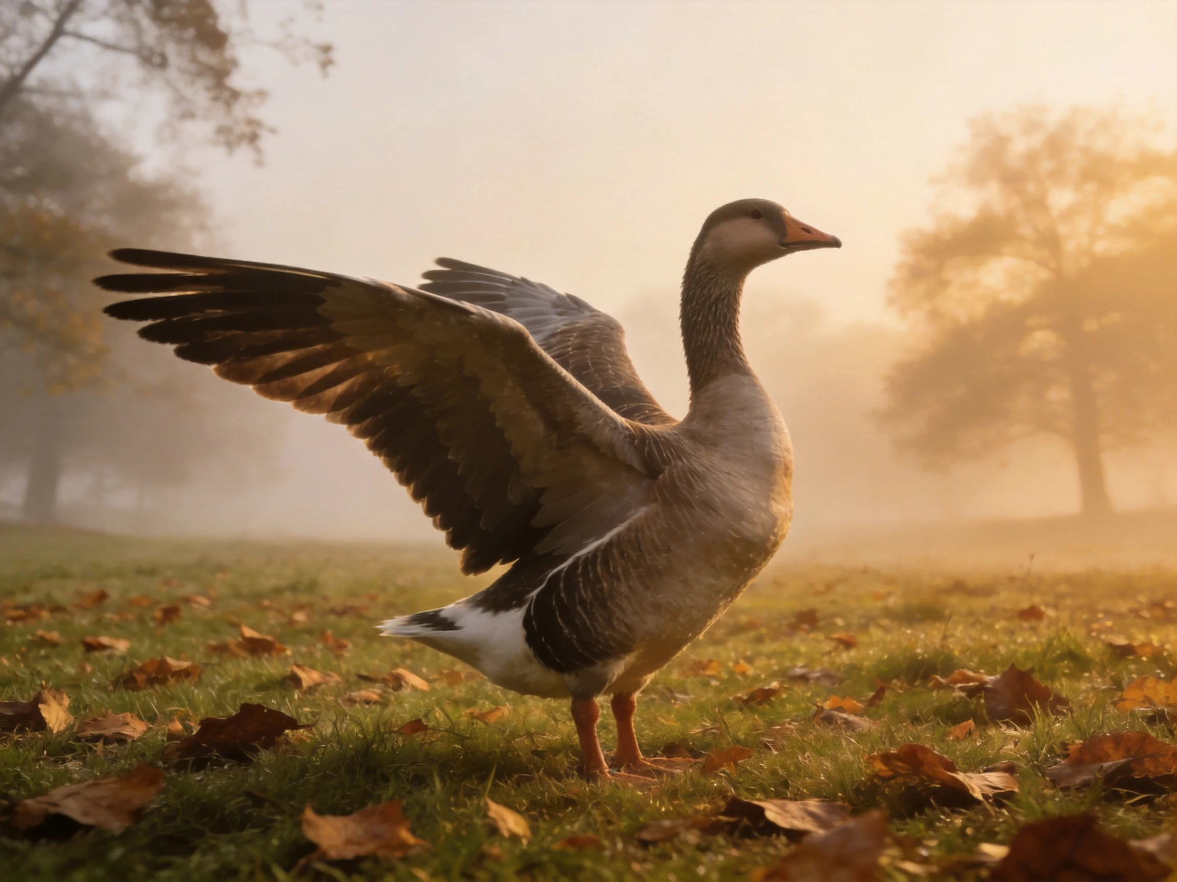 A goose spreads wings amidfallen leaves in a foggy autumn field