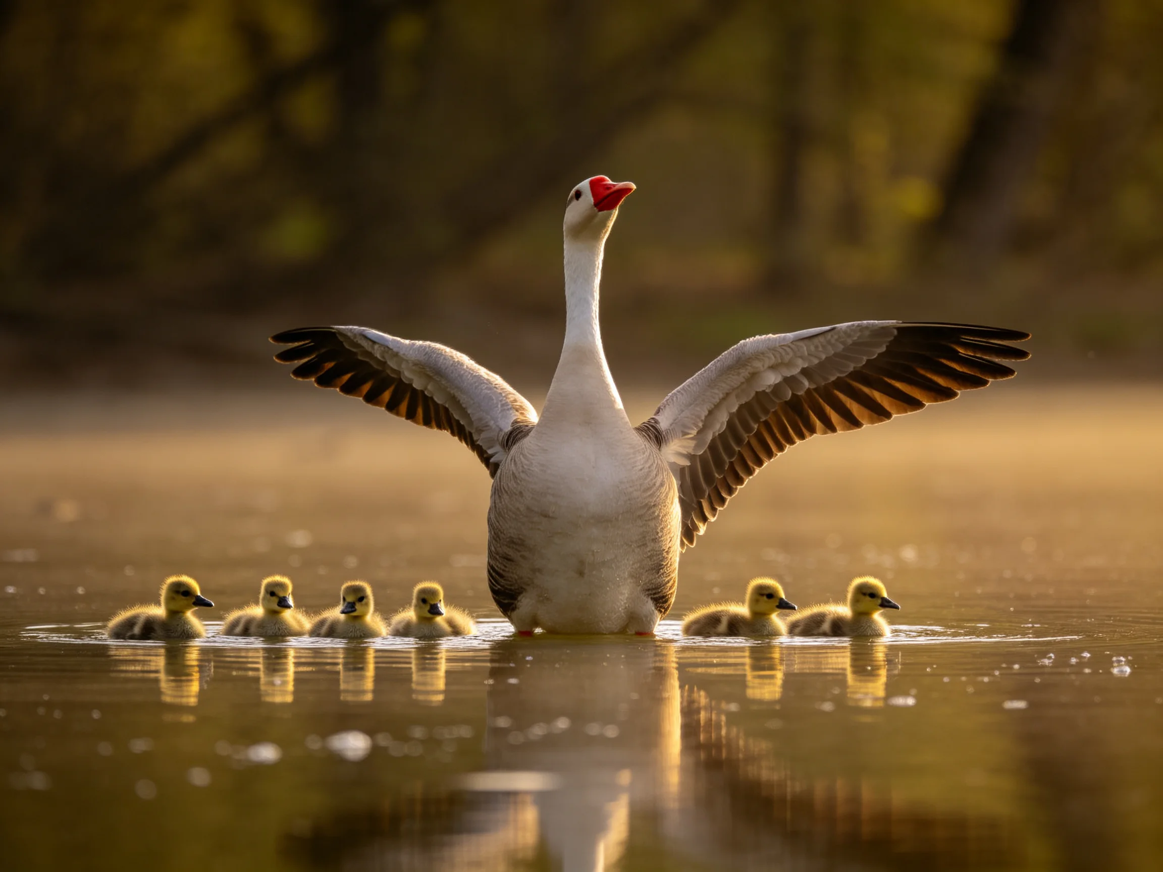 A goose spreads wings near six yellow goslings in calm water