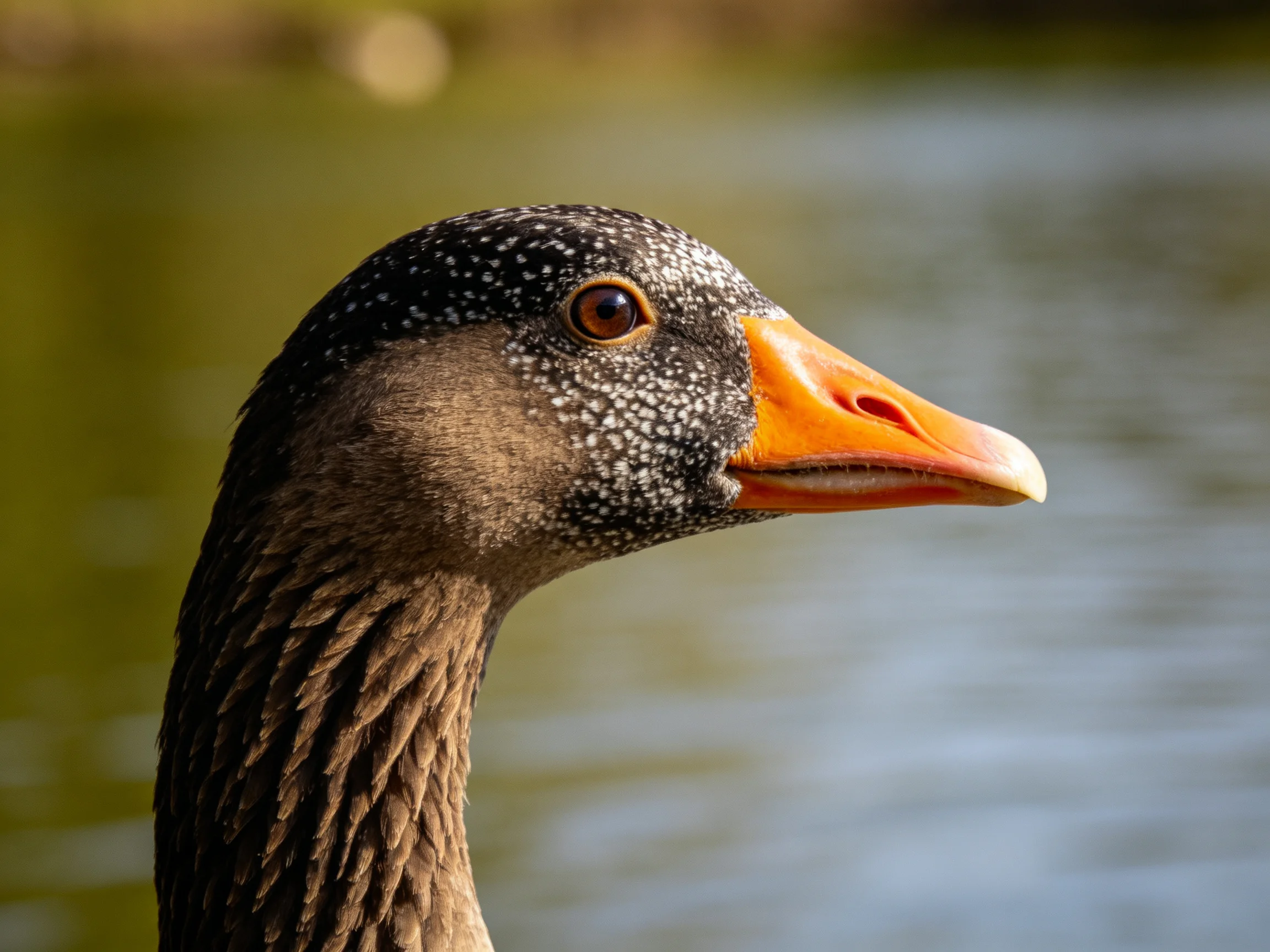 A goose with black-spotted head and bright orange beak near water
