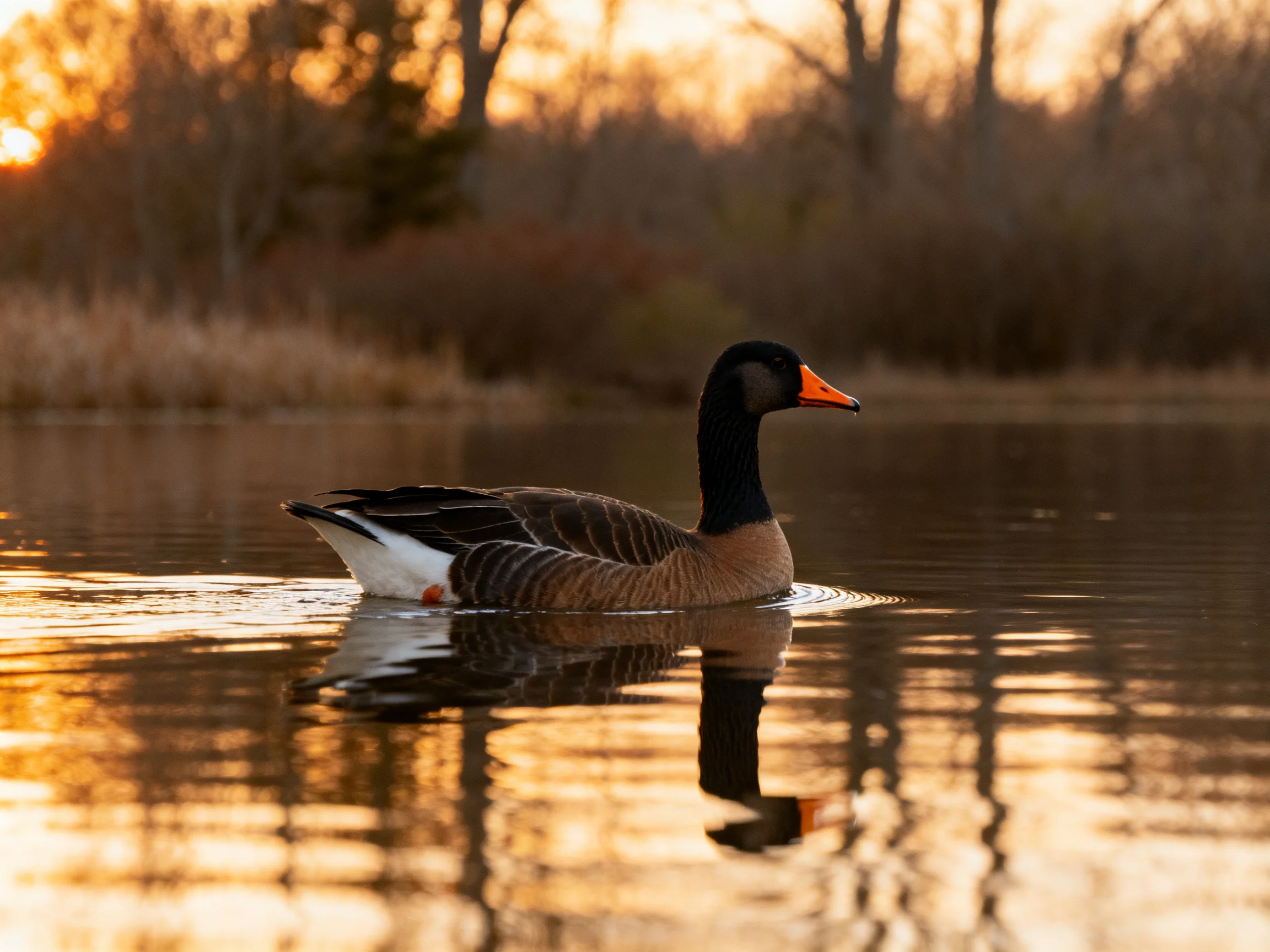 A goose with orange beak swims in golden water near trees.