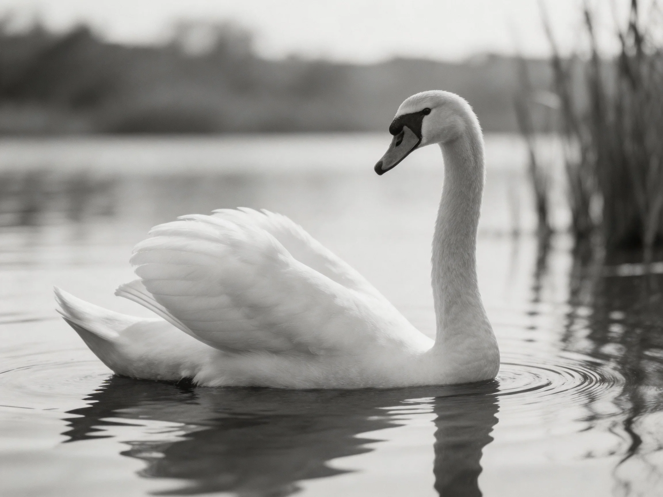 A graceful swan gliding across calm water near tall reeds