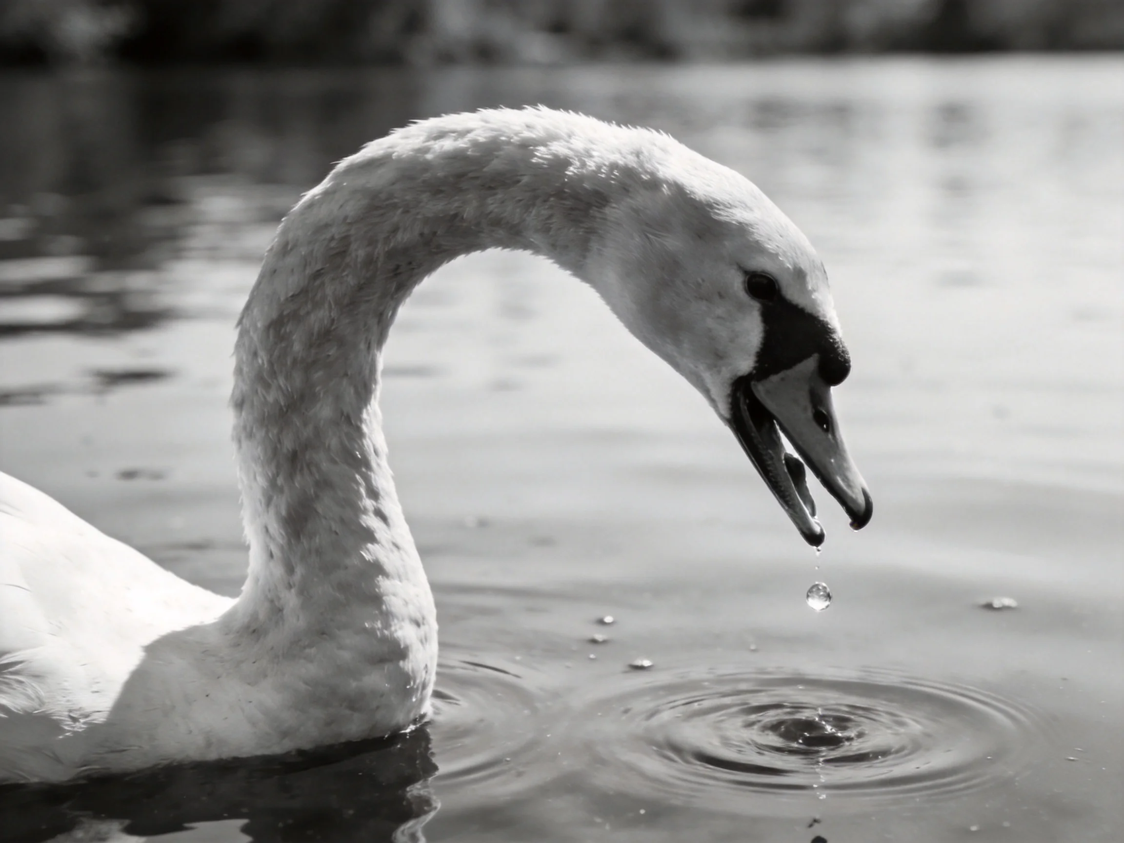 A graceful swan lowering neck into calm water with droplet falling