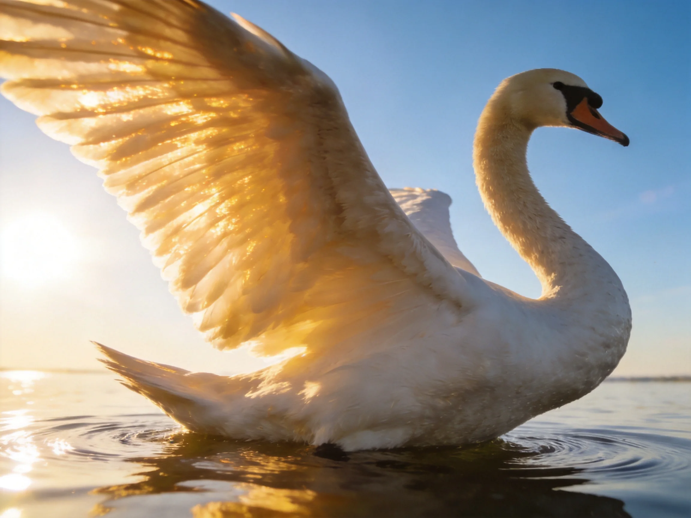 A graceful swan spreads golden wings over calm water
