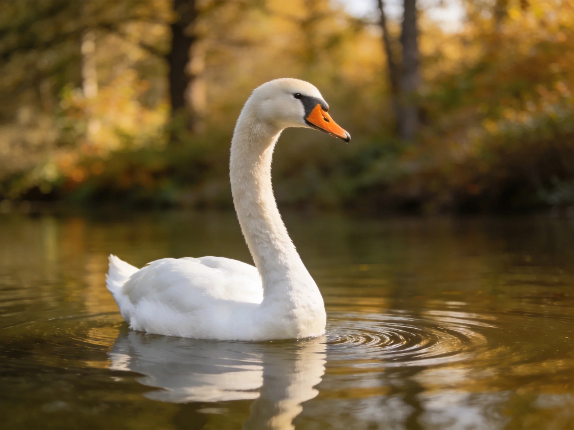 A graceful white swan glides on calm water amid golden foliage