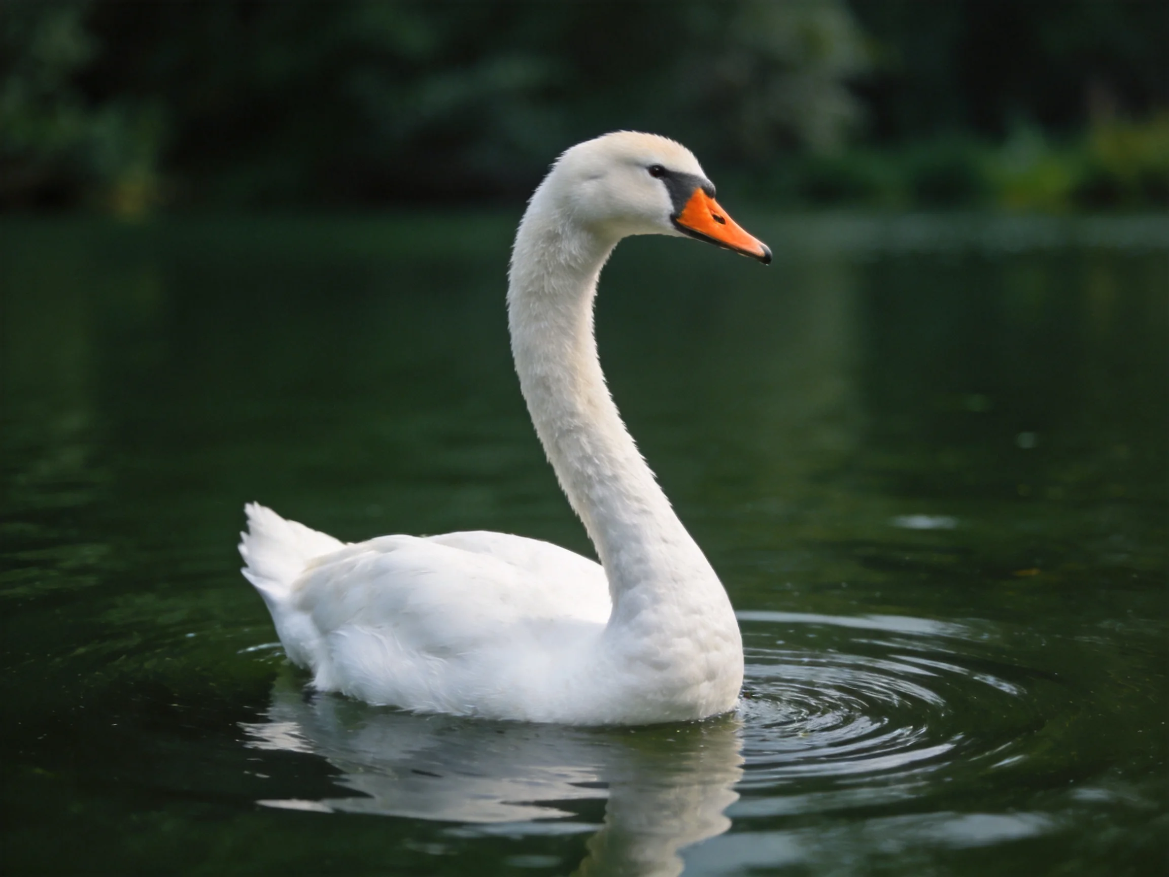 A graceful white swan glides through dark green water