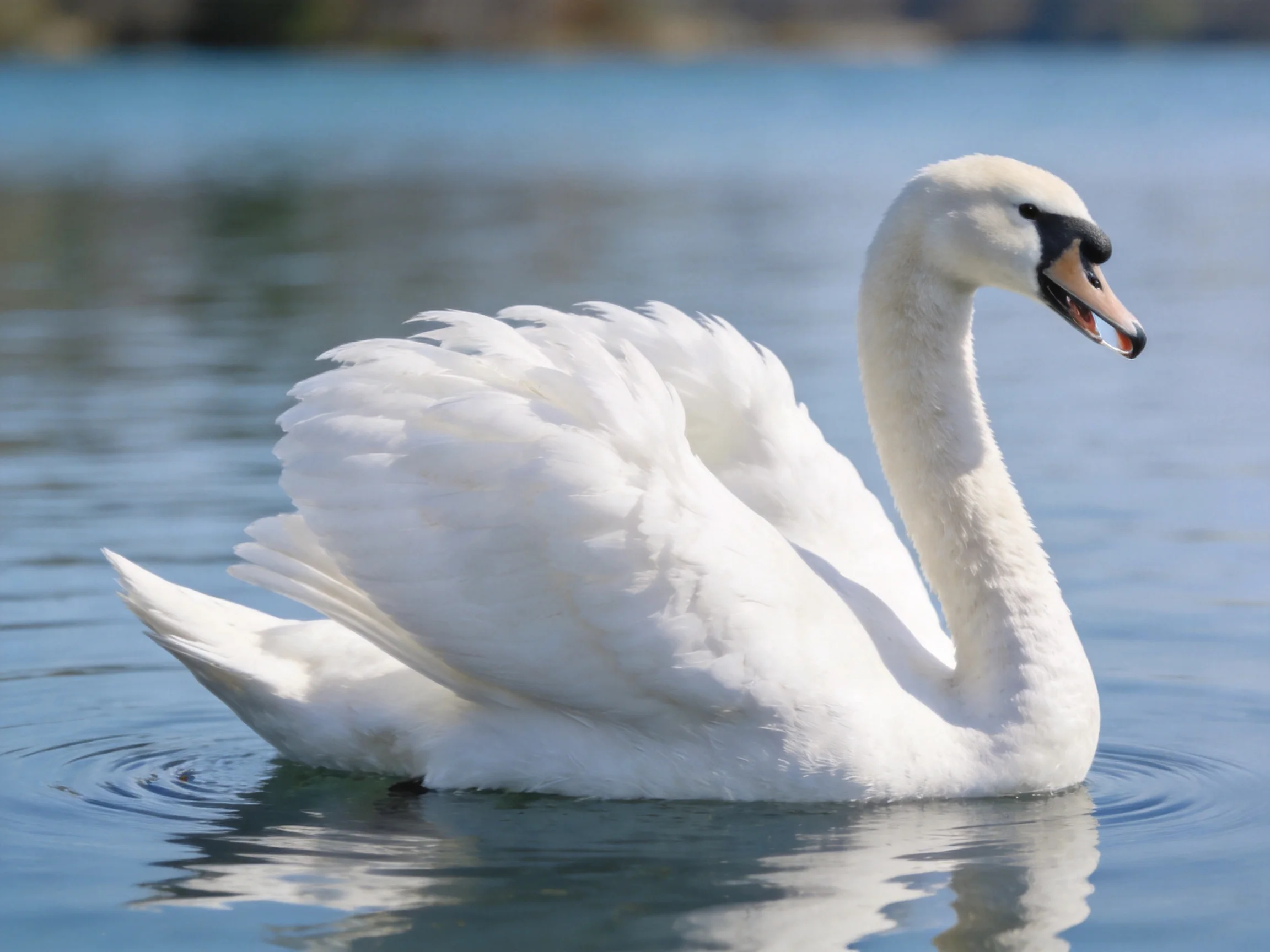 A graceful white swan gliding on calm blue water