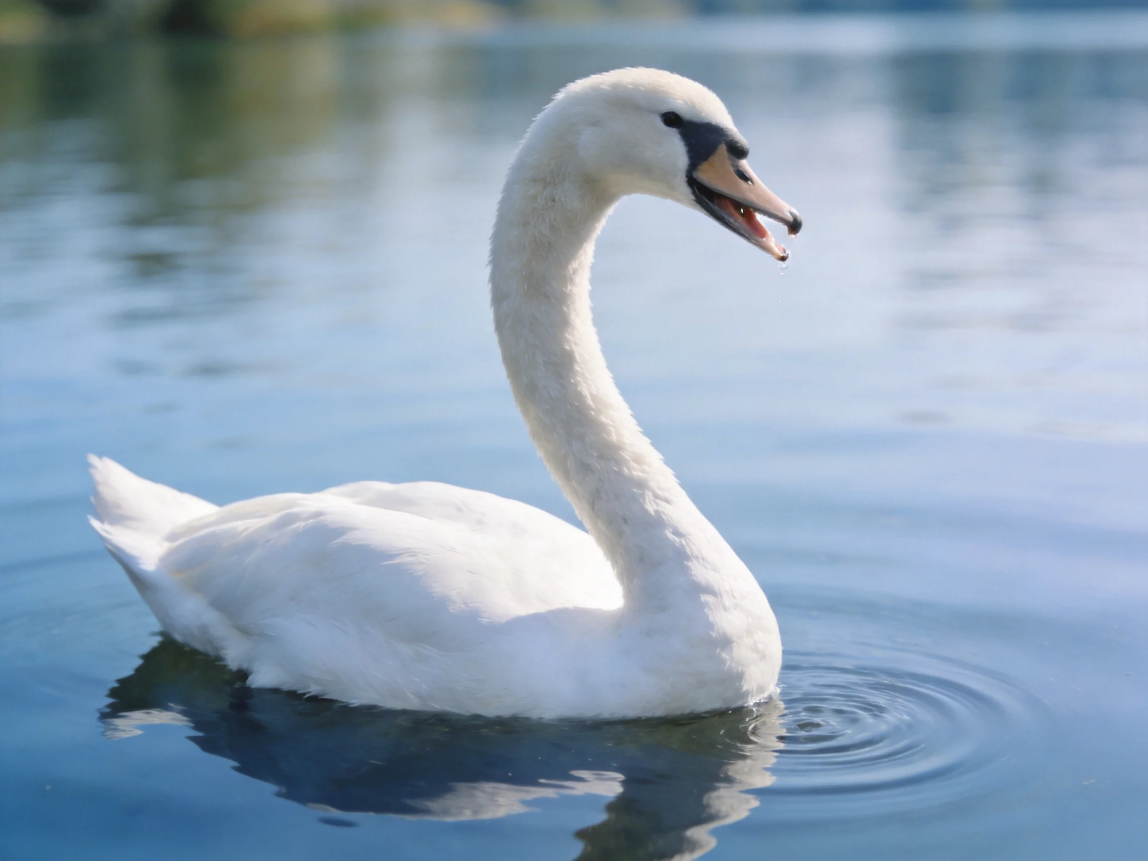 A graceful white swan gliding on calm blue water