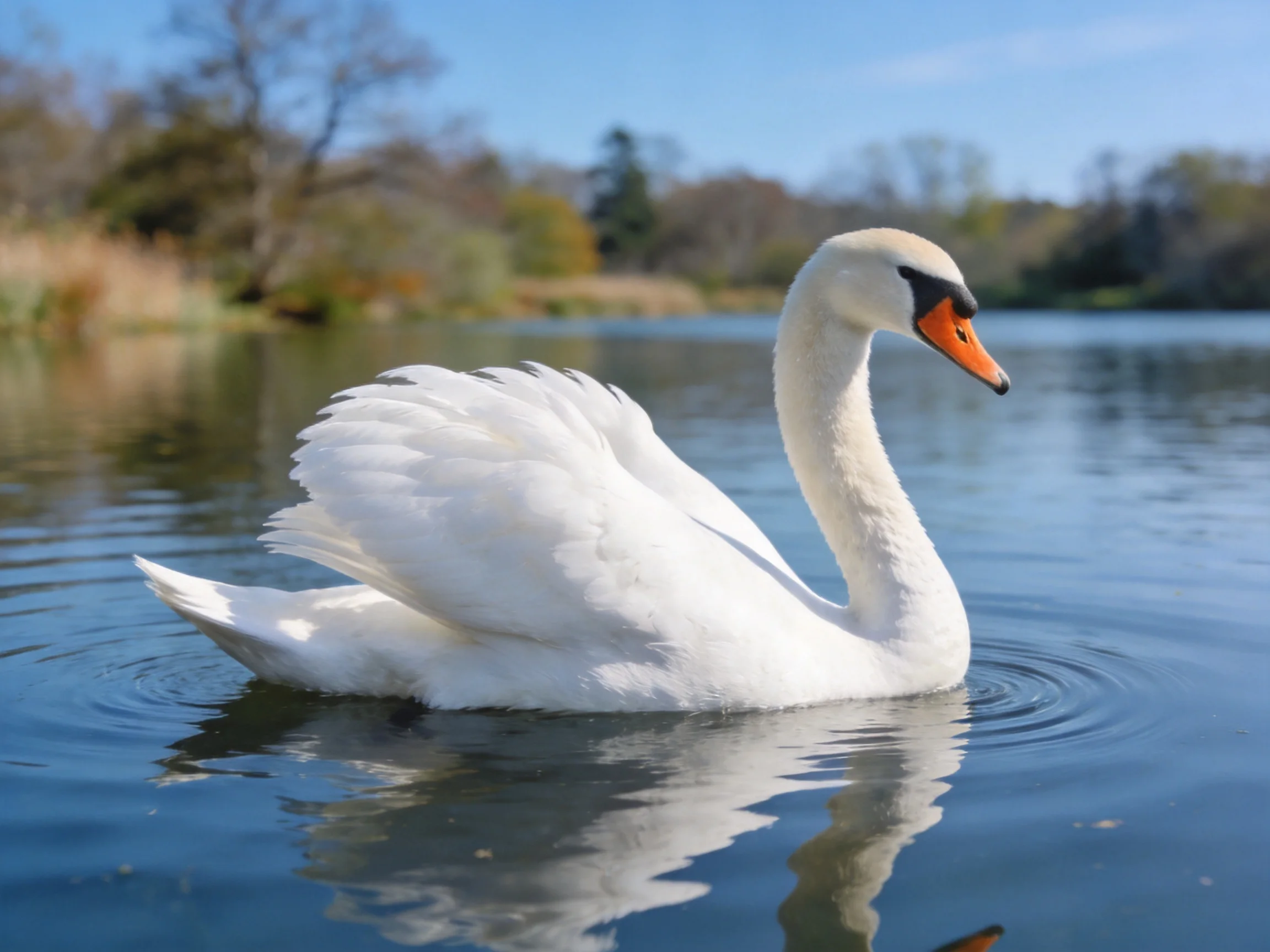 A graceful white swan gliding on calm blue water
