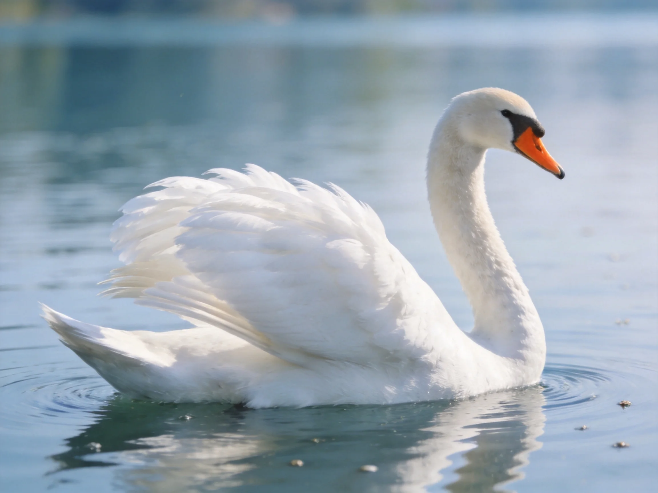 A graceful white swan gliding on calm blue water