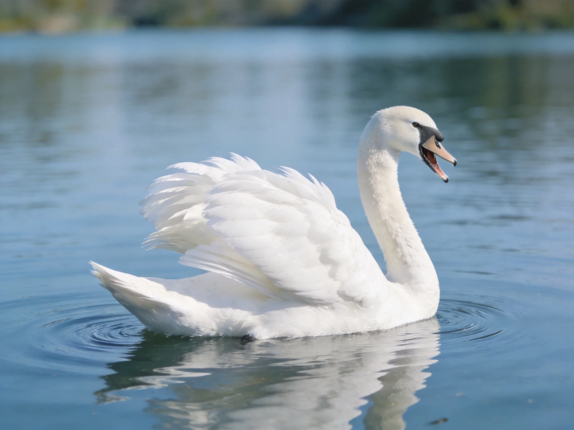 A graceful white swan gliding on calm blue water