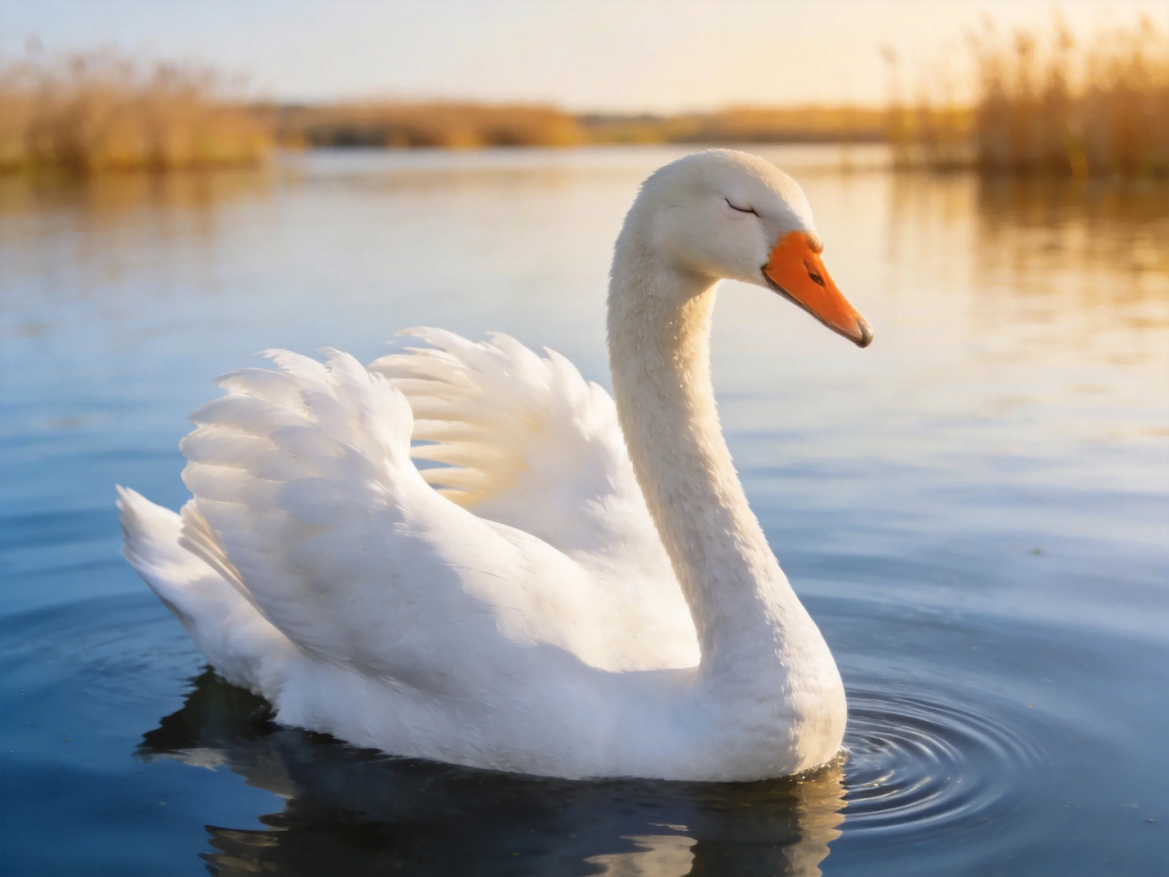 A graceful white swan gliding on calm blue water near golden reeds