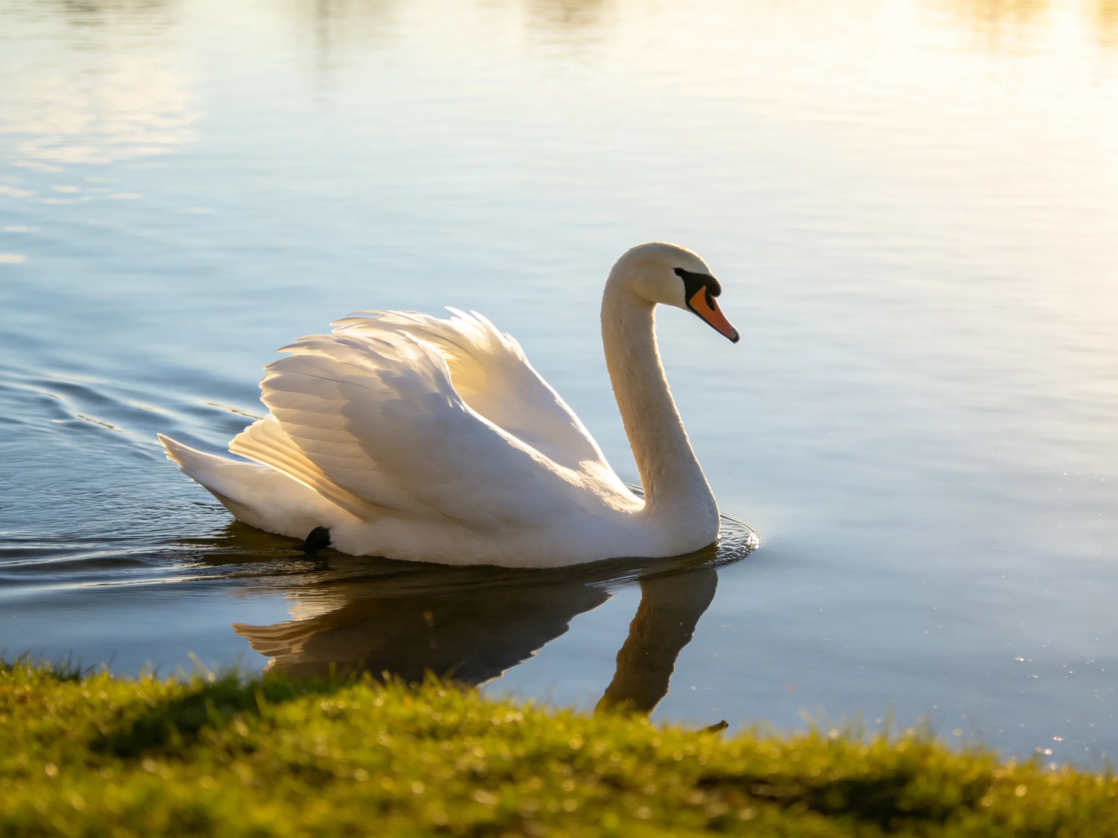 A graceful white swan gliding on calm blue water near green grass