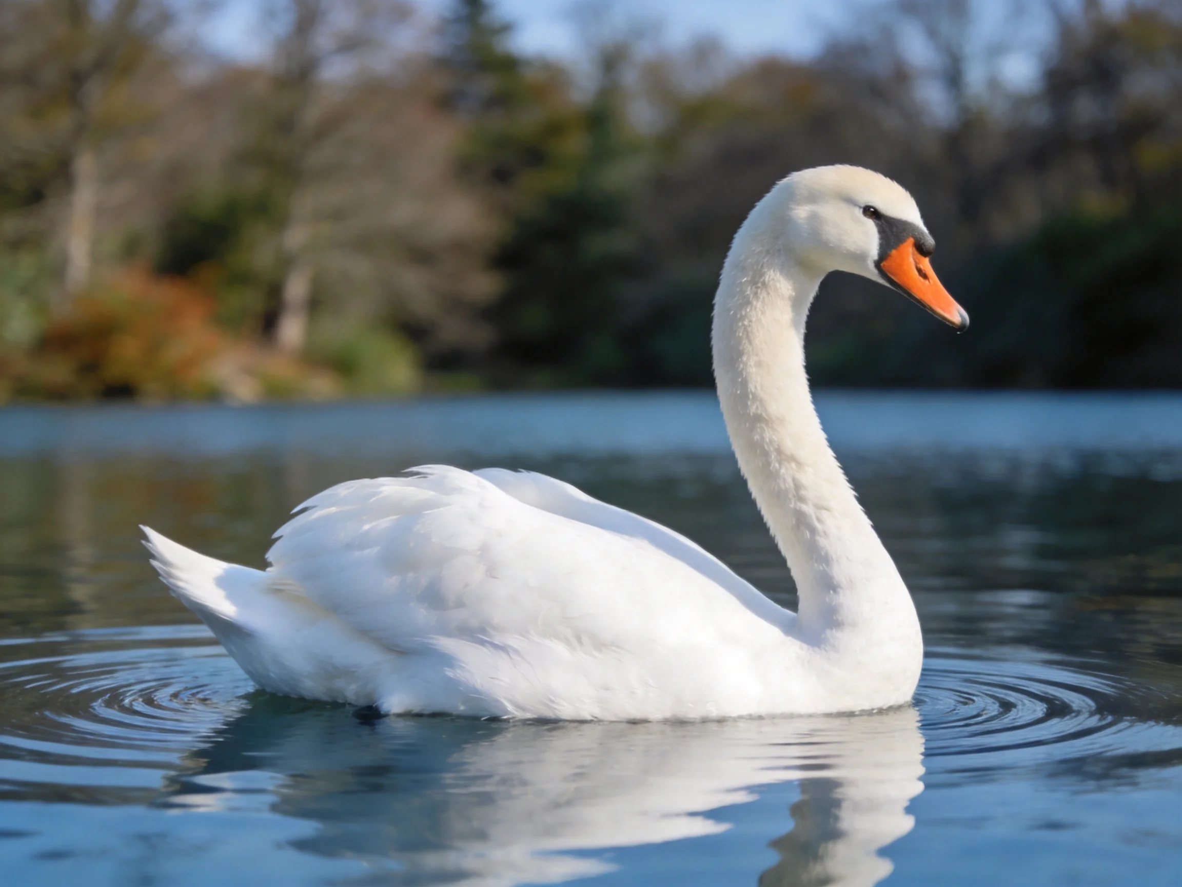 A graceful white swan gliding on calm blue water