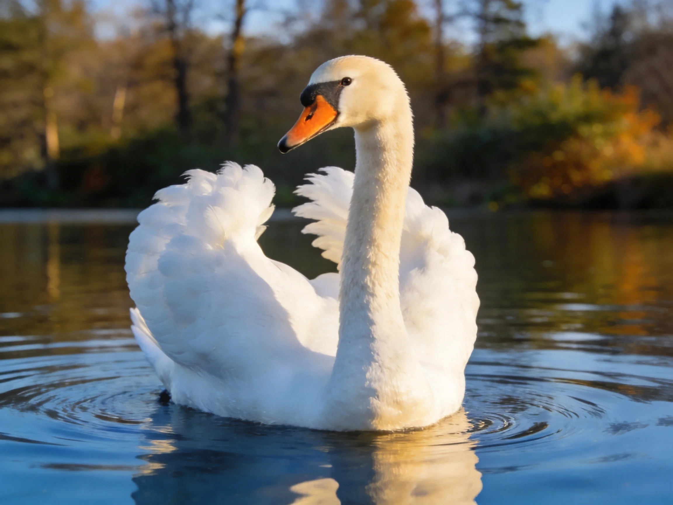 A graceful white swan gliding on calm blue water