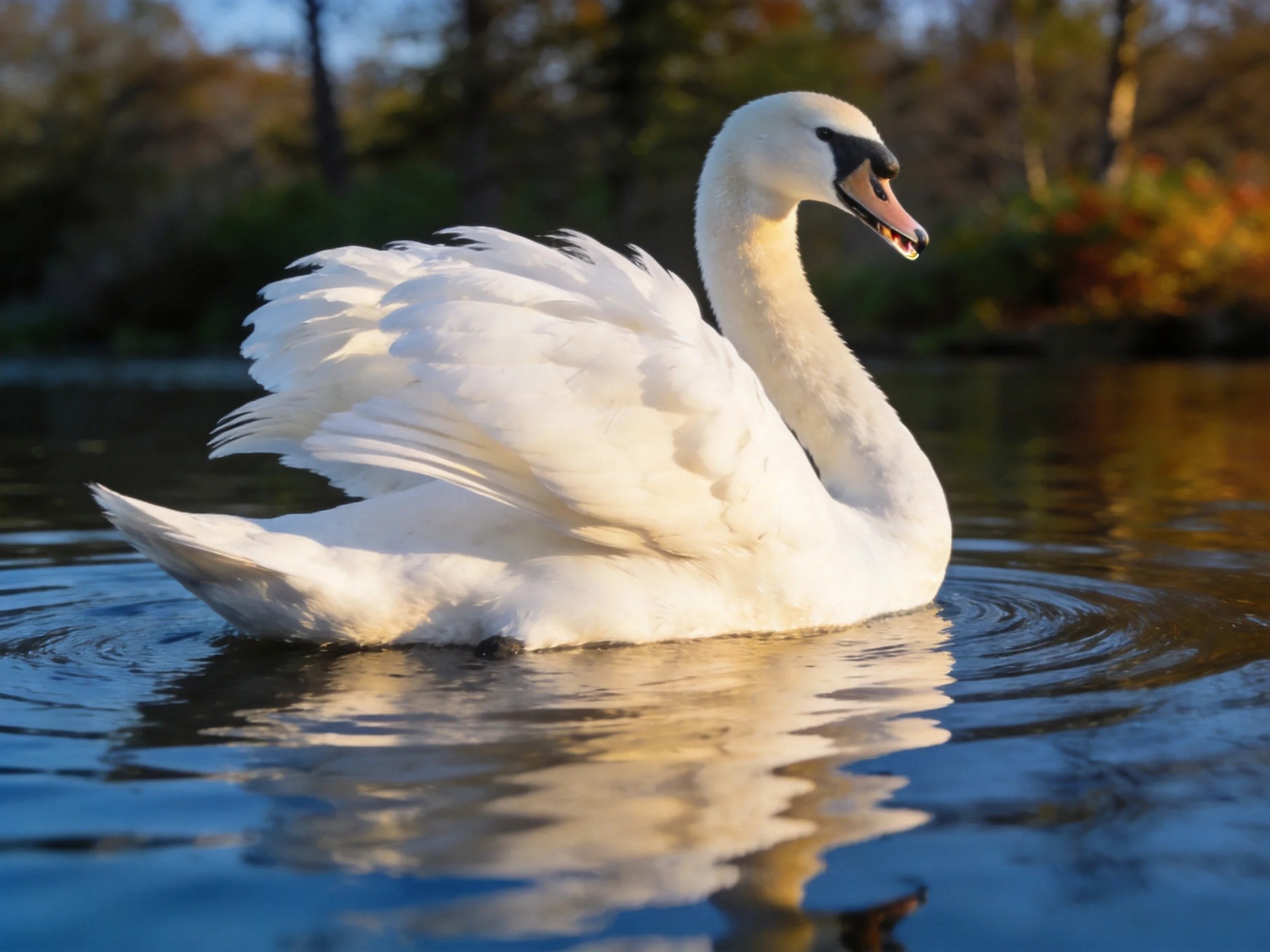 A graceful white swan gliding on calm blue water