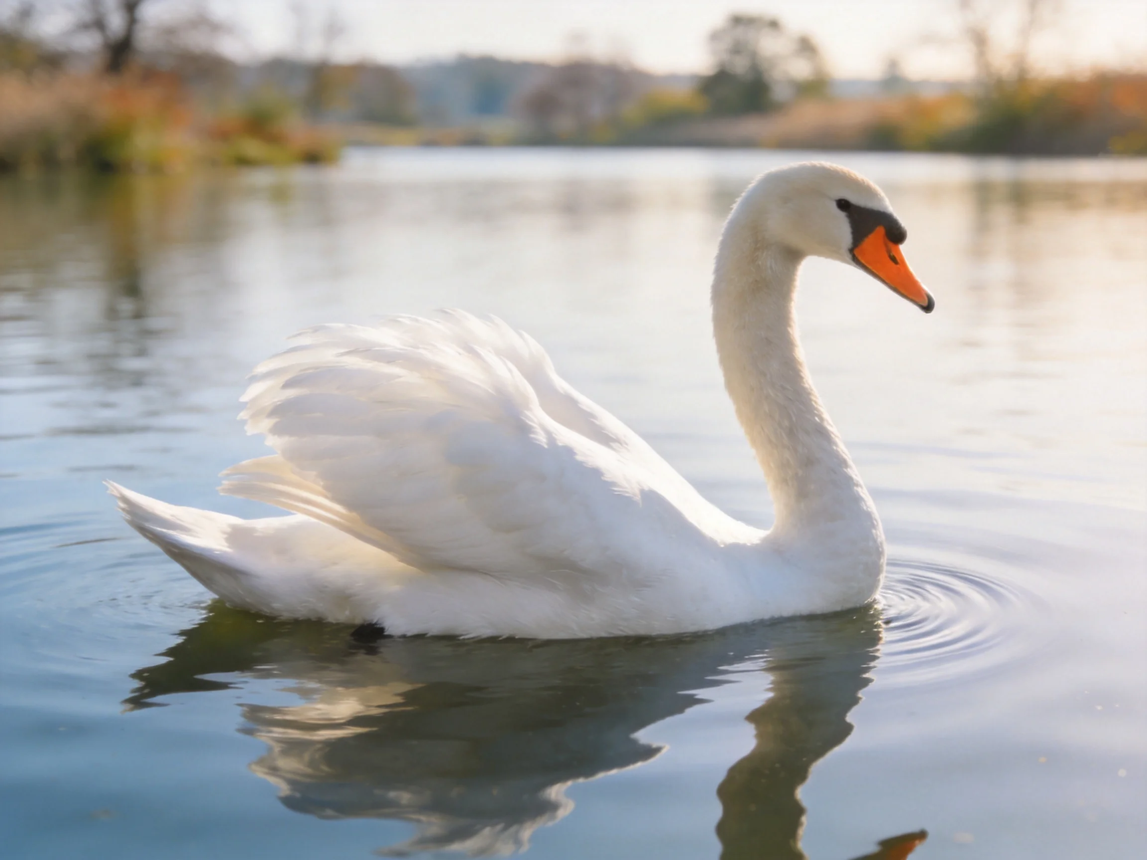 A graceful white swan gliding on calm blue water with an orange beak