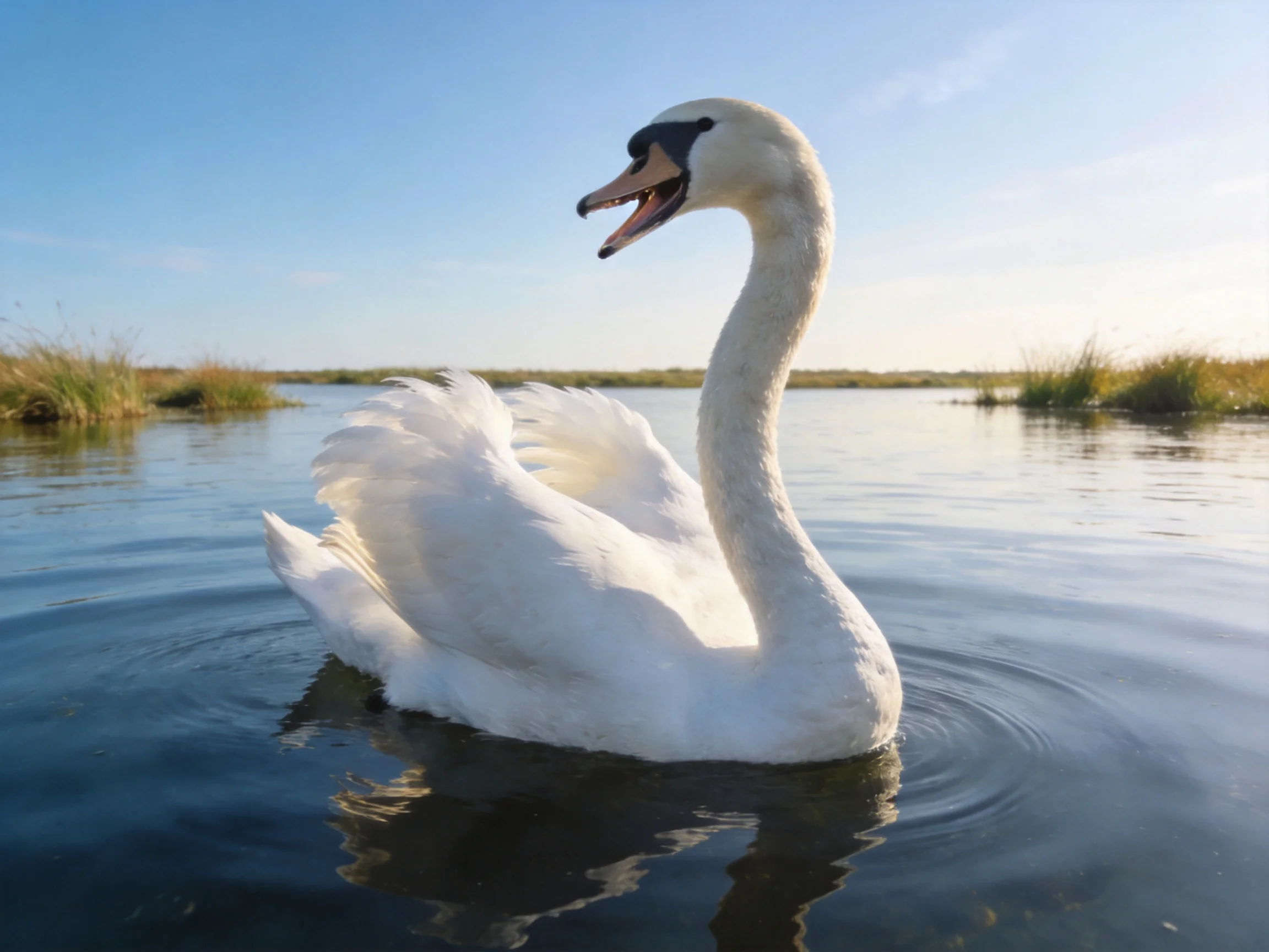 A graceful white swan gliding on calm blue waters