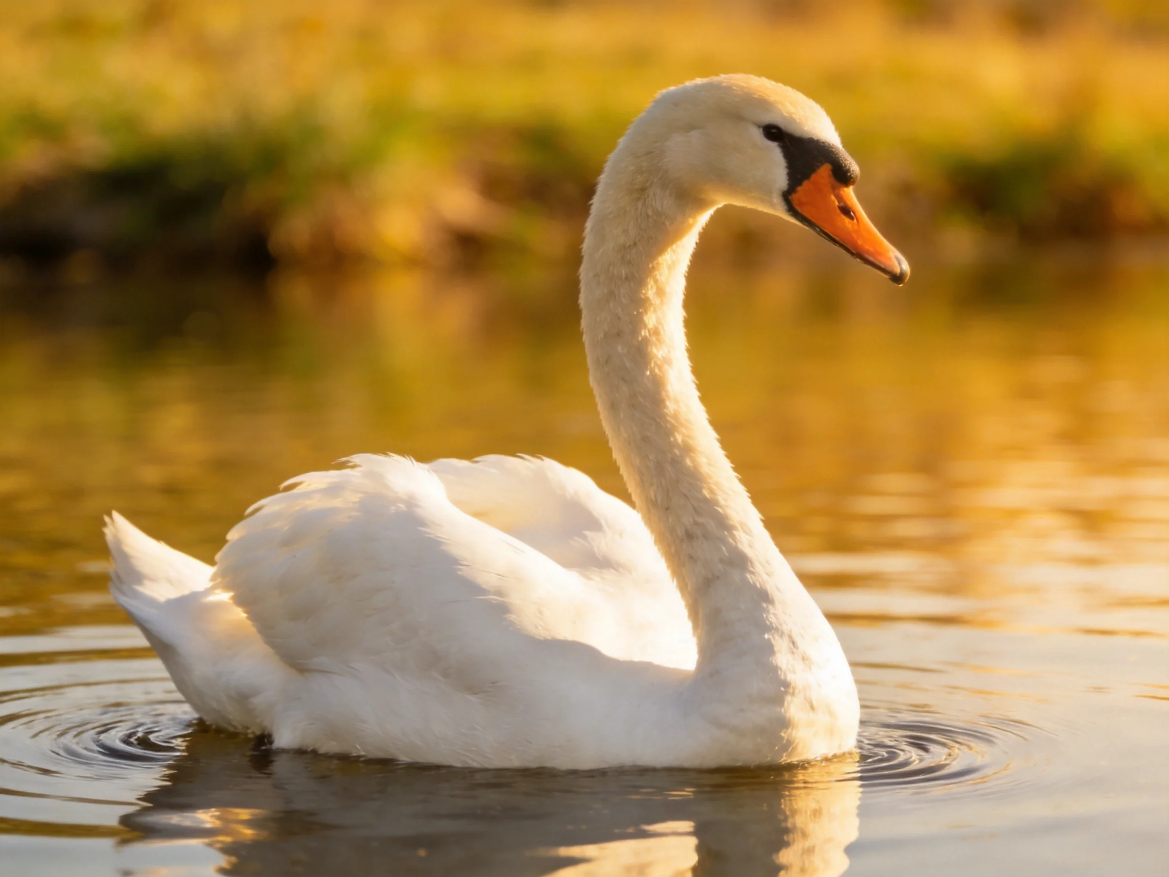 A graceful white swan gliding on calm, golden-hued water