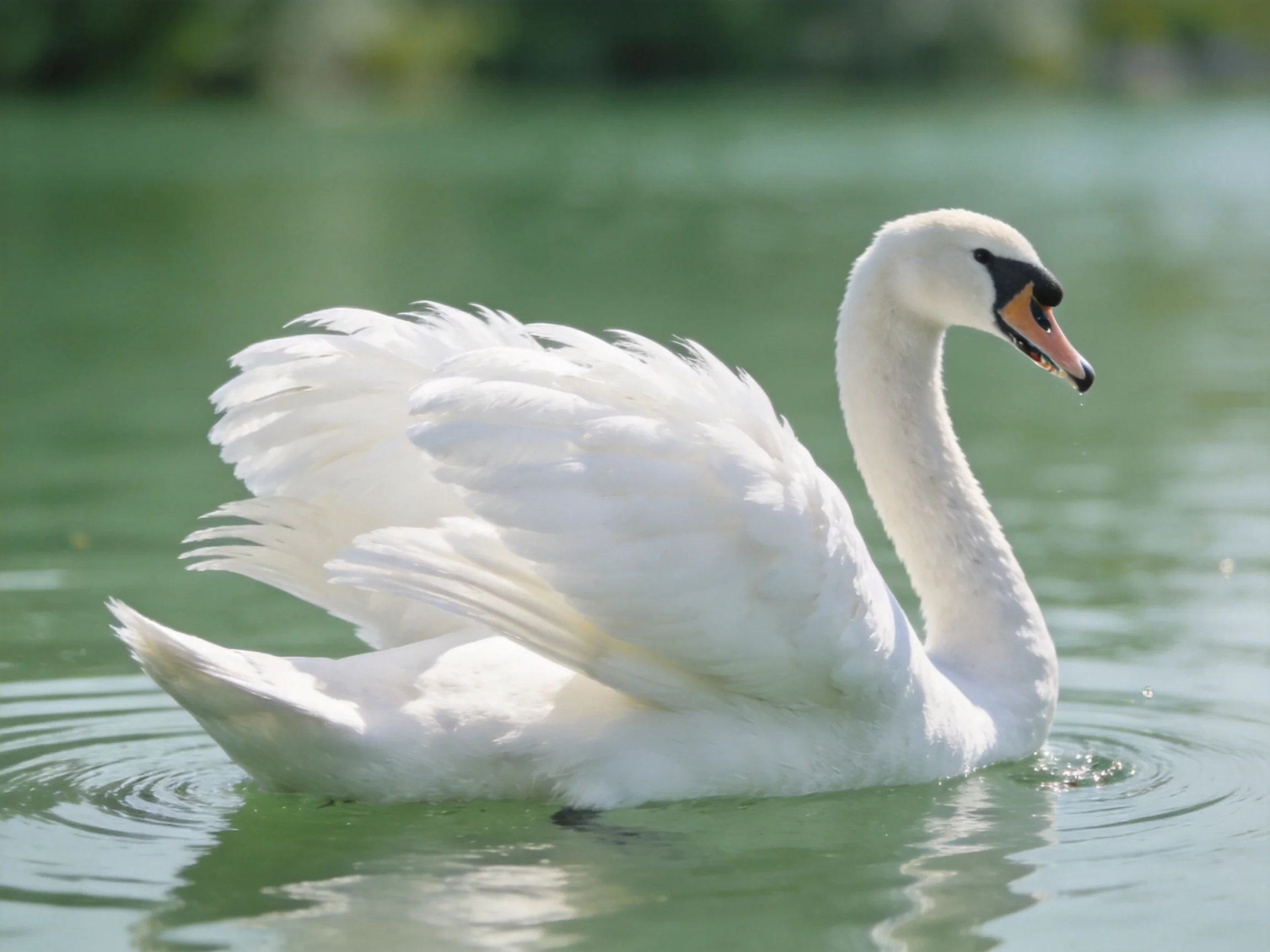 A graceful white swan gliding on calm green water