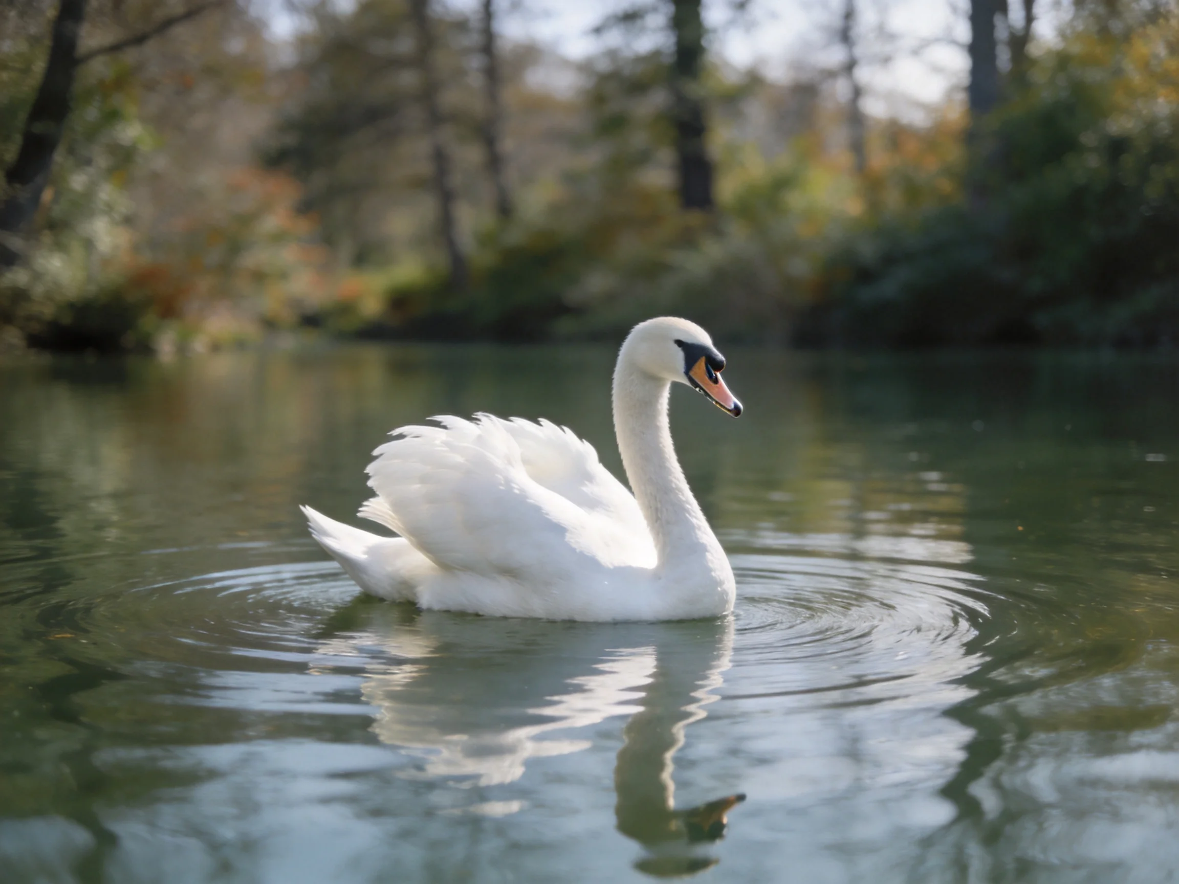 A graceful white swan gliding on calm green water near trees