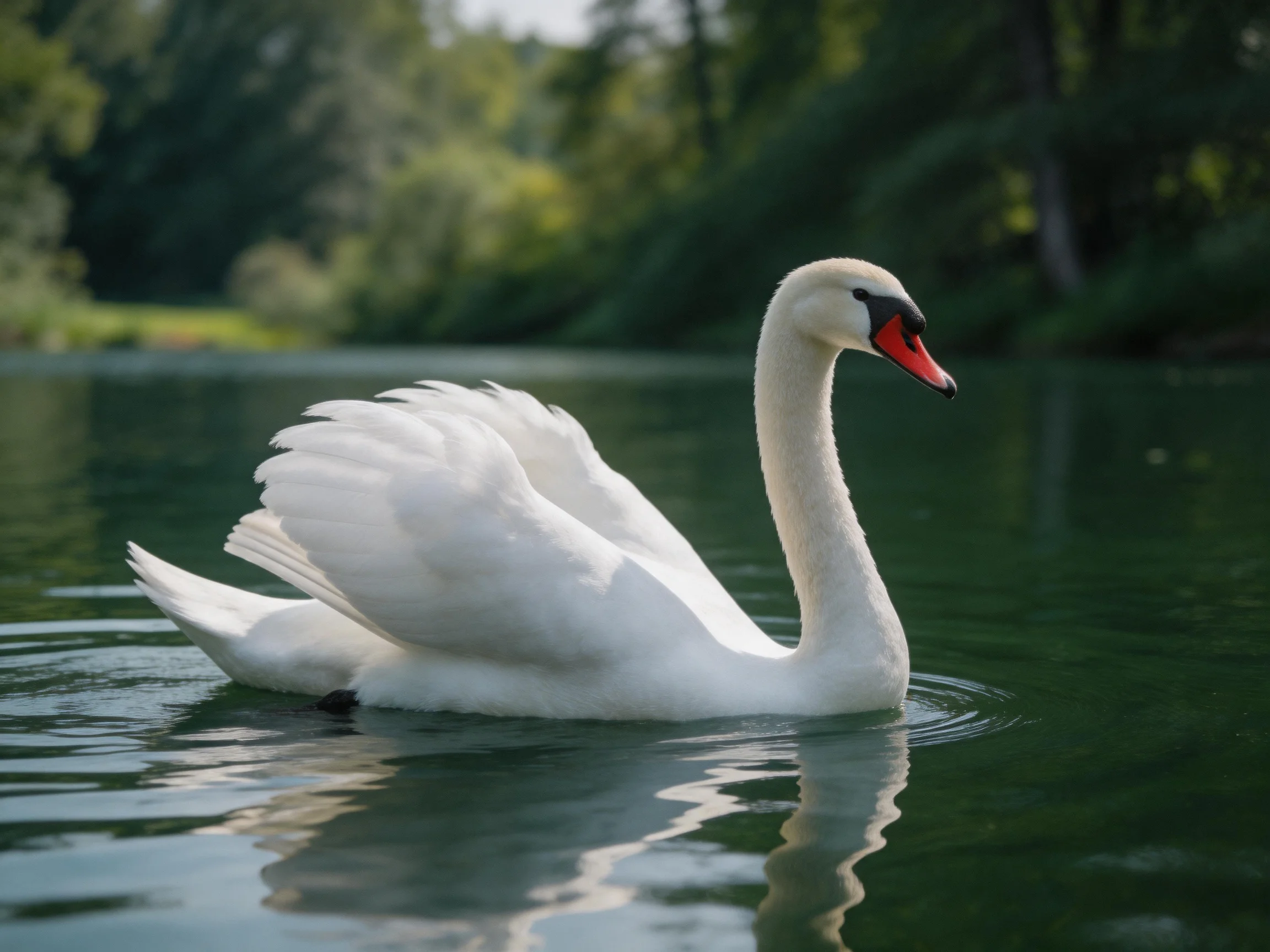 A graceful white swan gliding on calm green water