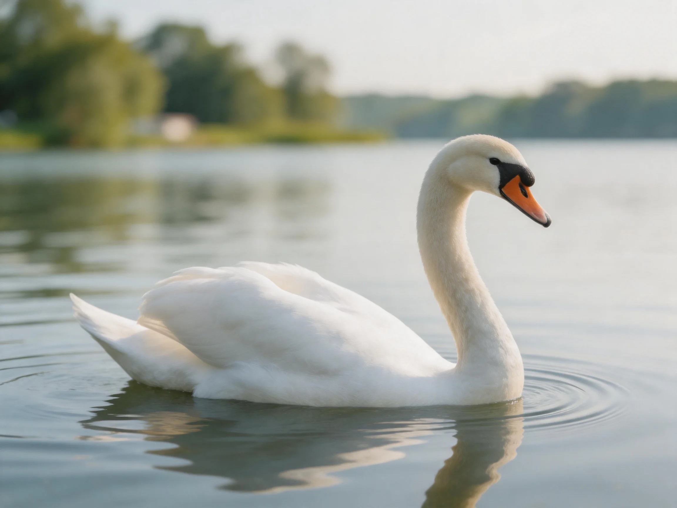 A graceful white swan gliding on calm lake waters