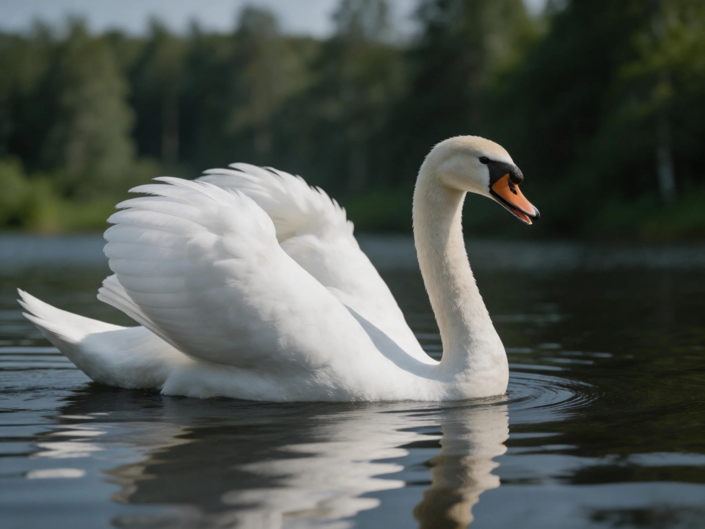 A graceful white swan gliding on calm lake waters