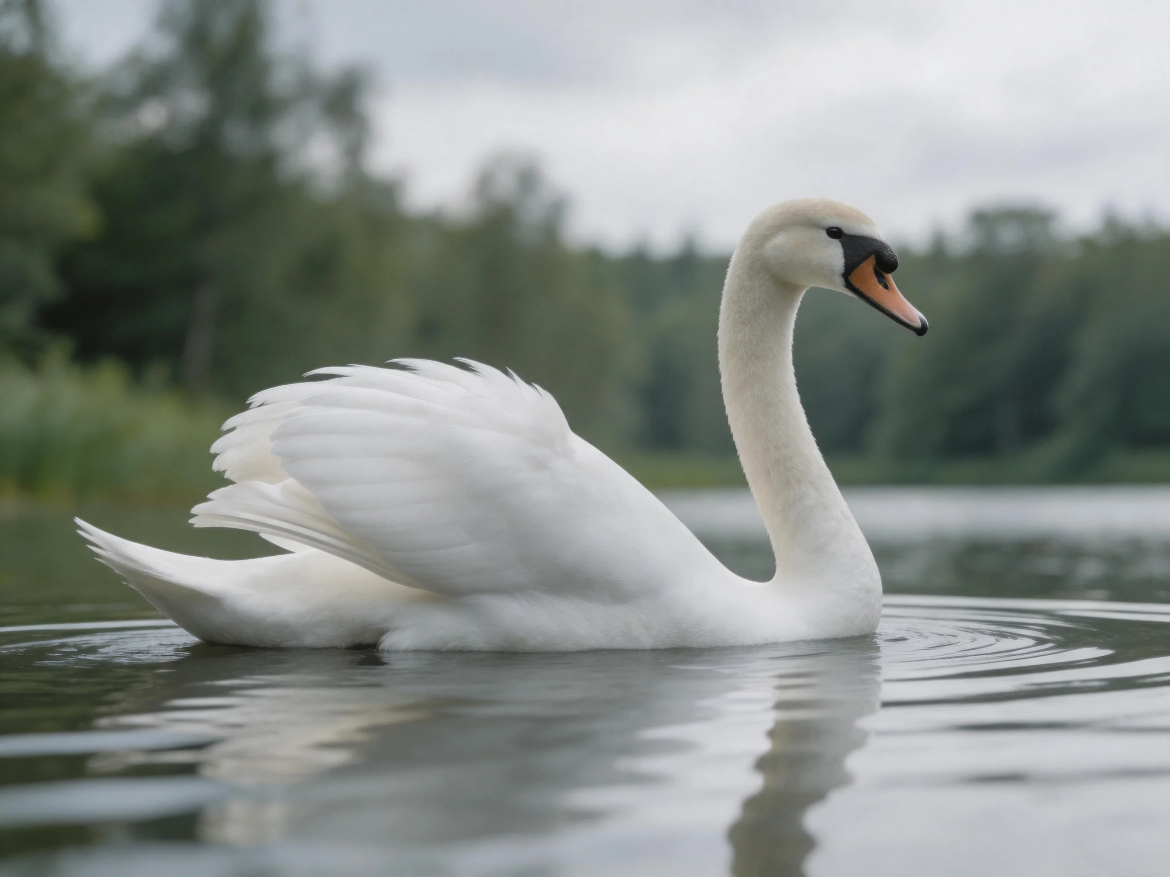 A graceful white swan gliding on calm lake waters