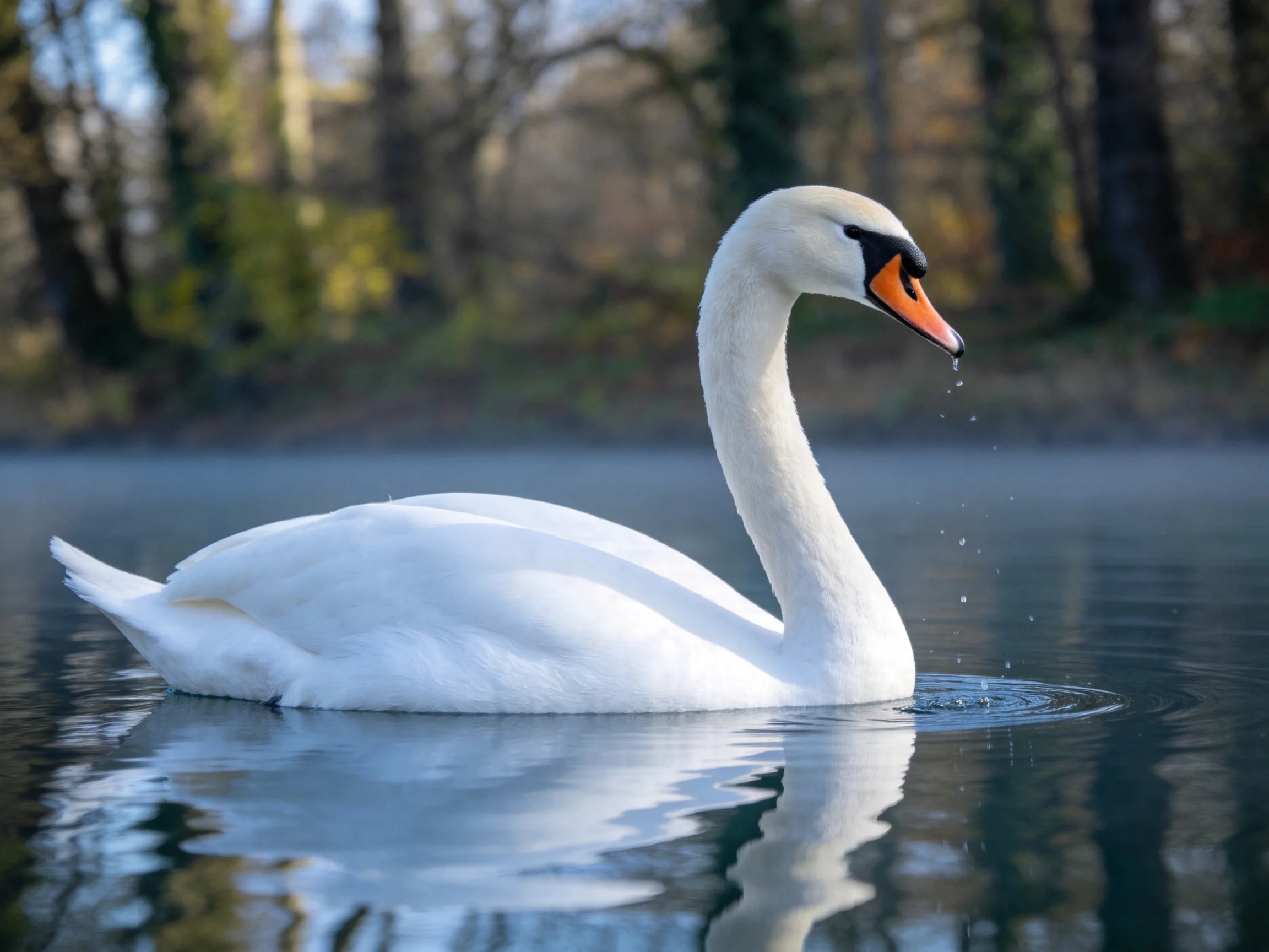 A graceful white swan gliding on calm, misty water near trees
