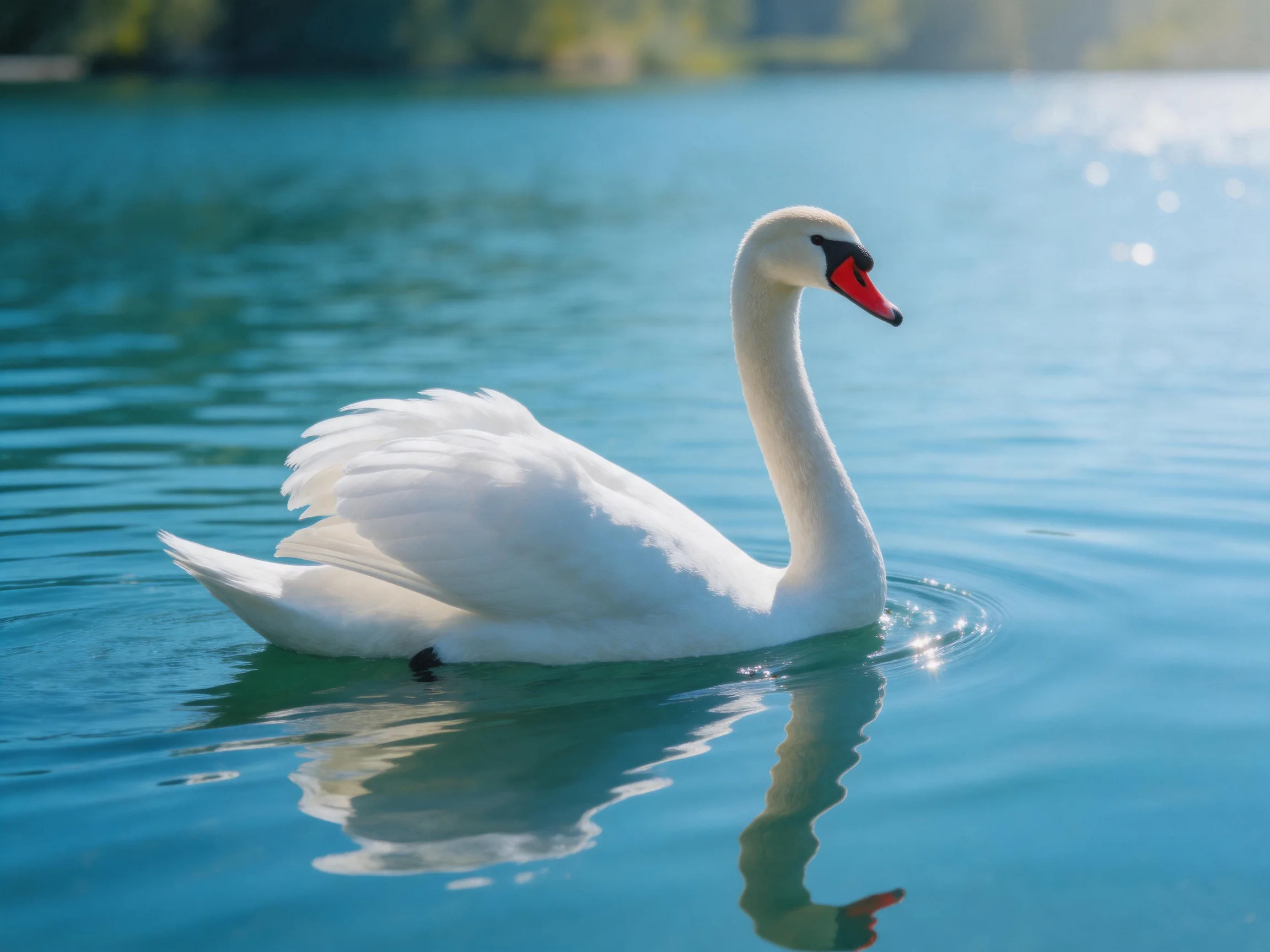 A graceful white swan gliding on calm turquoise water