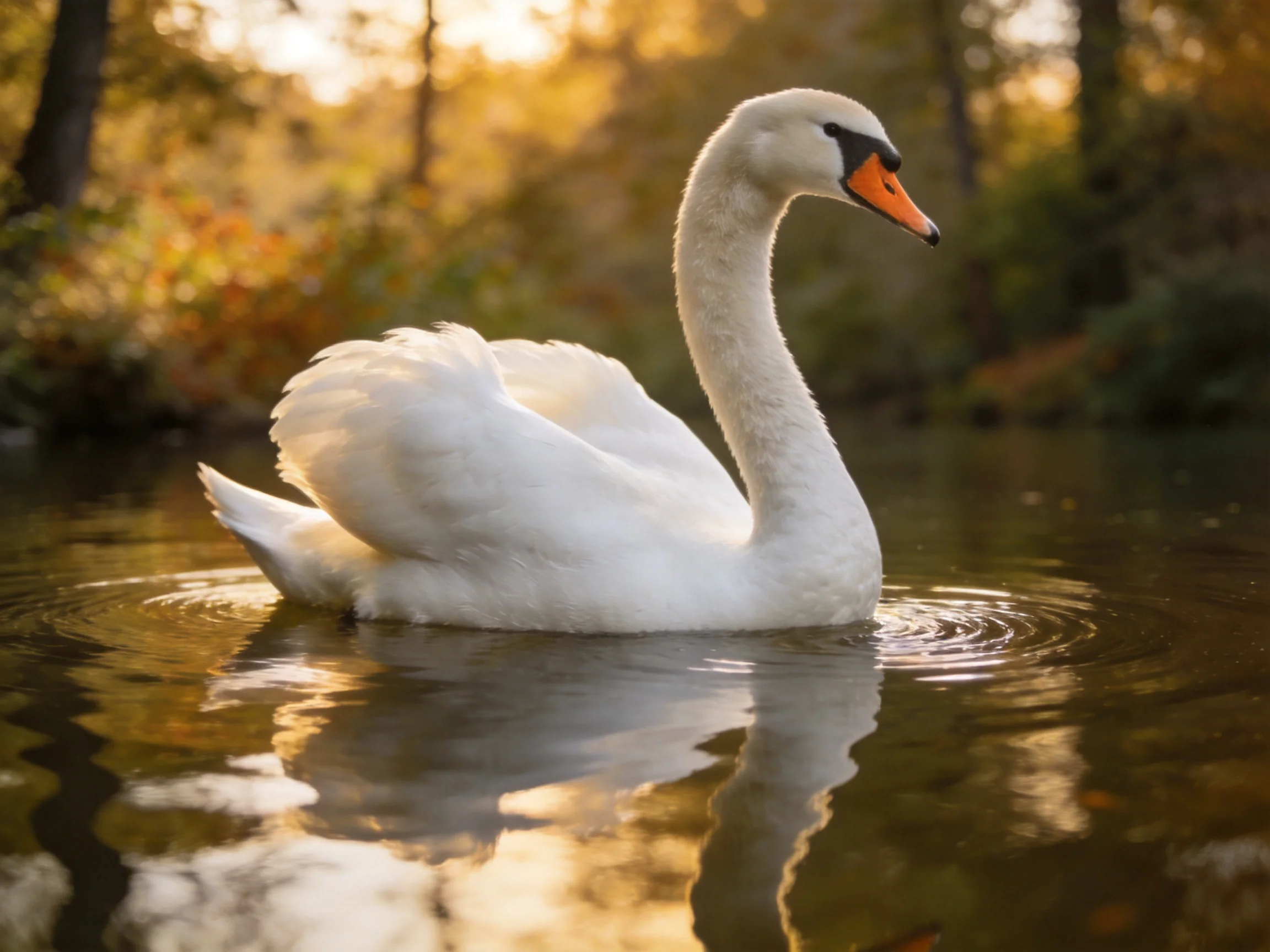 A graceful white swan gliding on calm water amid golden foliage