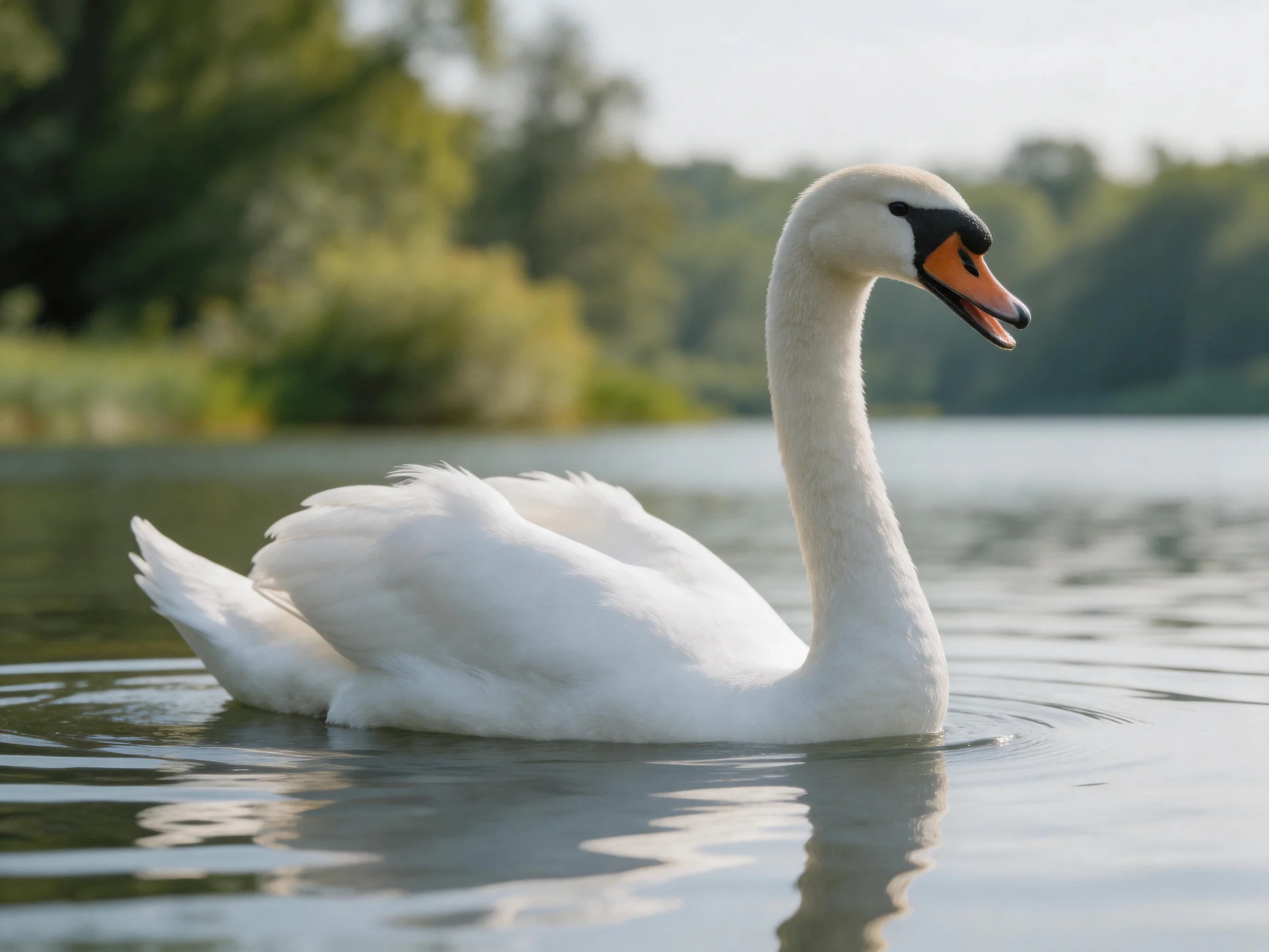 A graceful white swan gliding on calm water amidst lush greenery