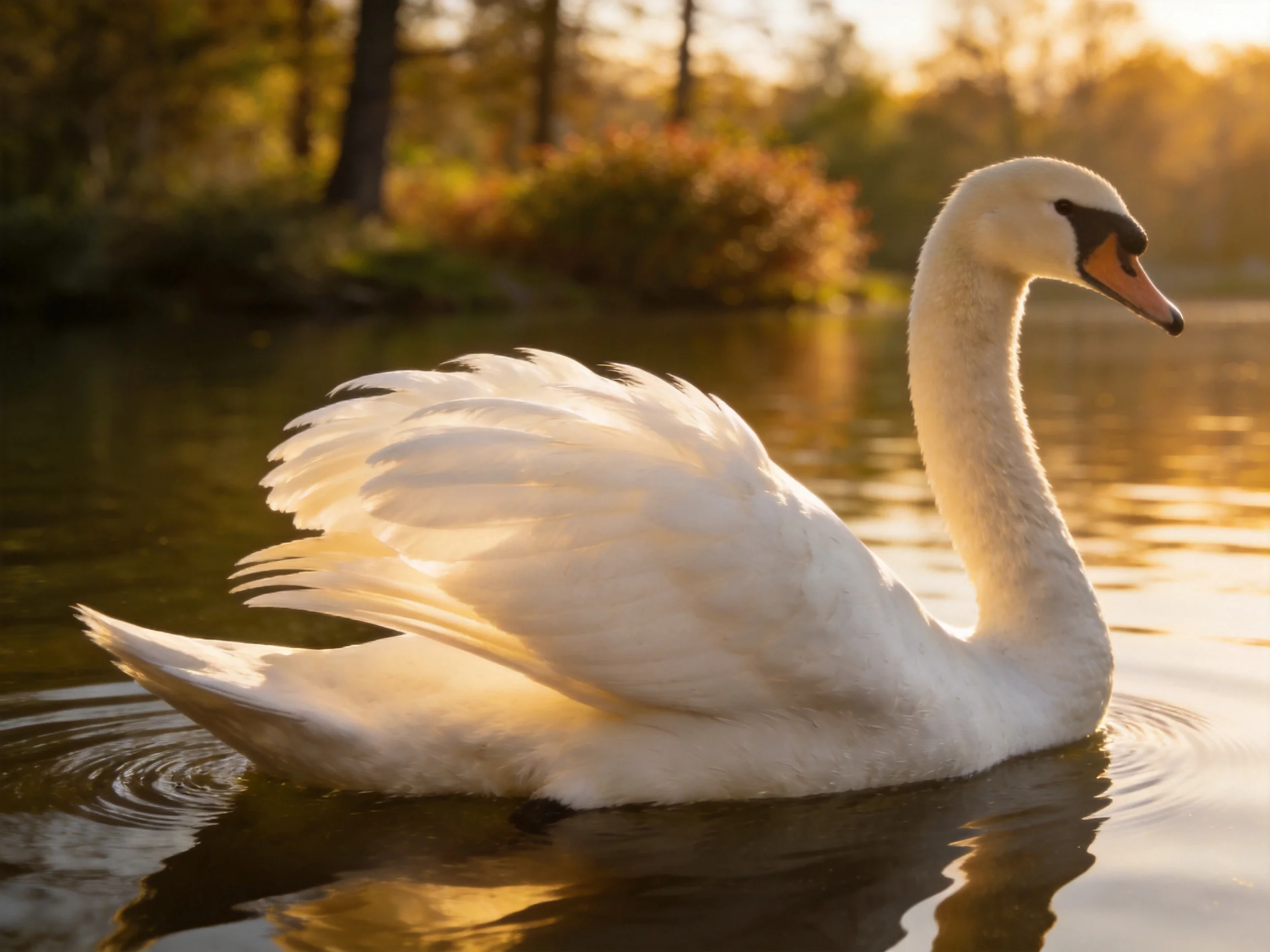 A graceful white swan gliding on calm water at golden hour