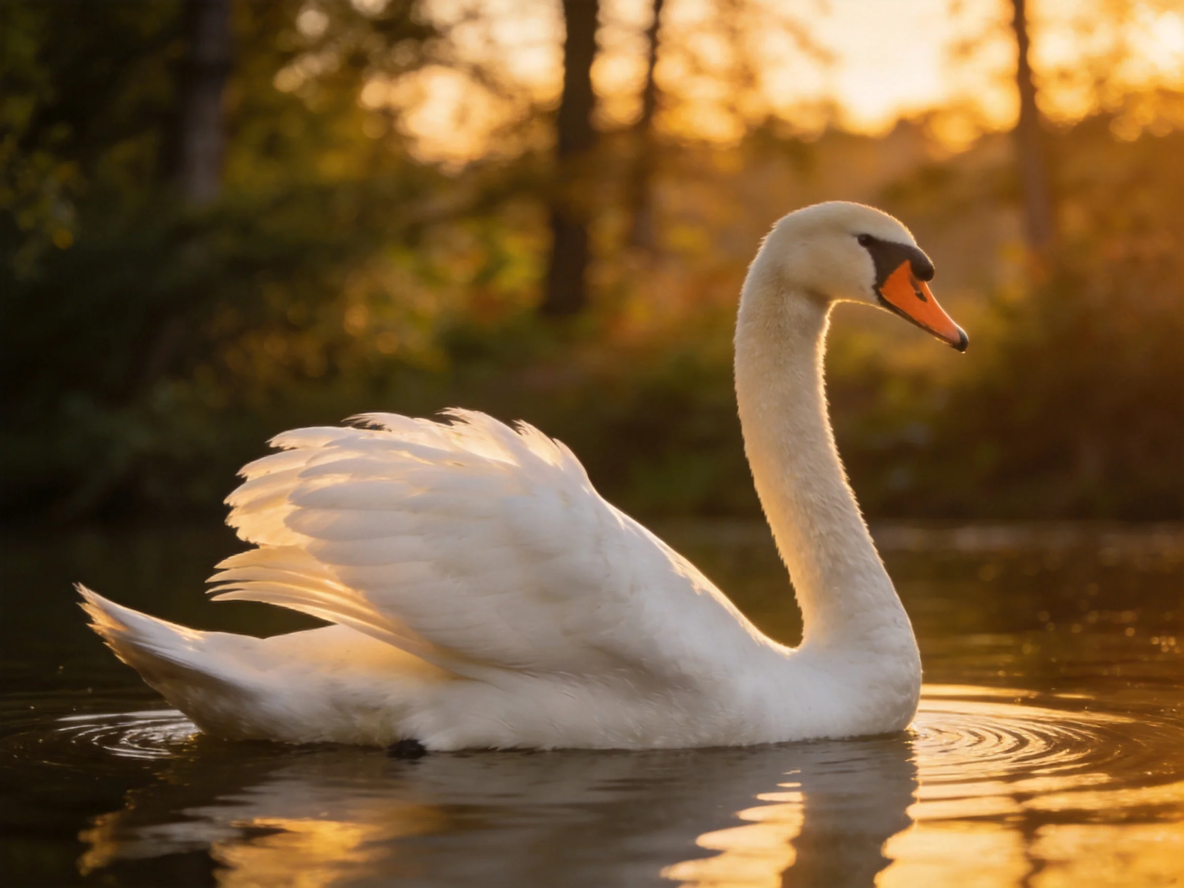 A graceful white swan gliding on calm water at golden hour