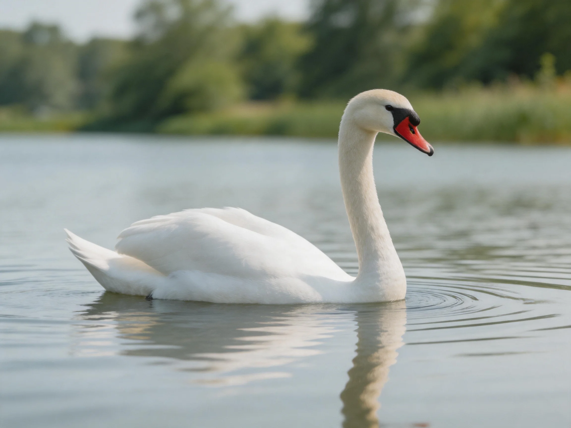 A graceful white swan gliding on calm water