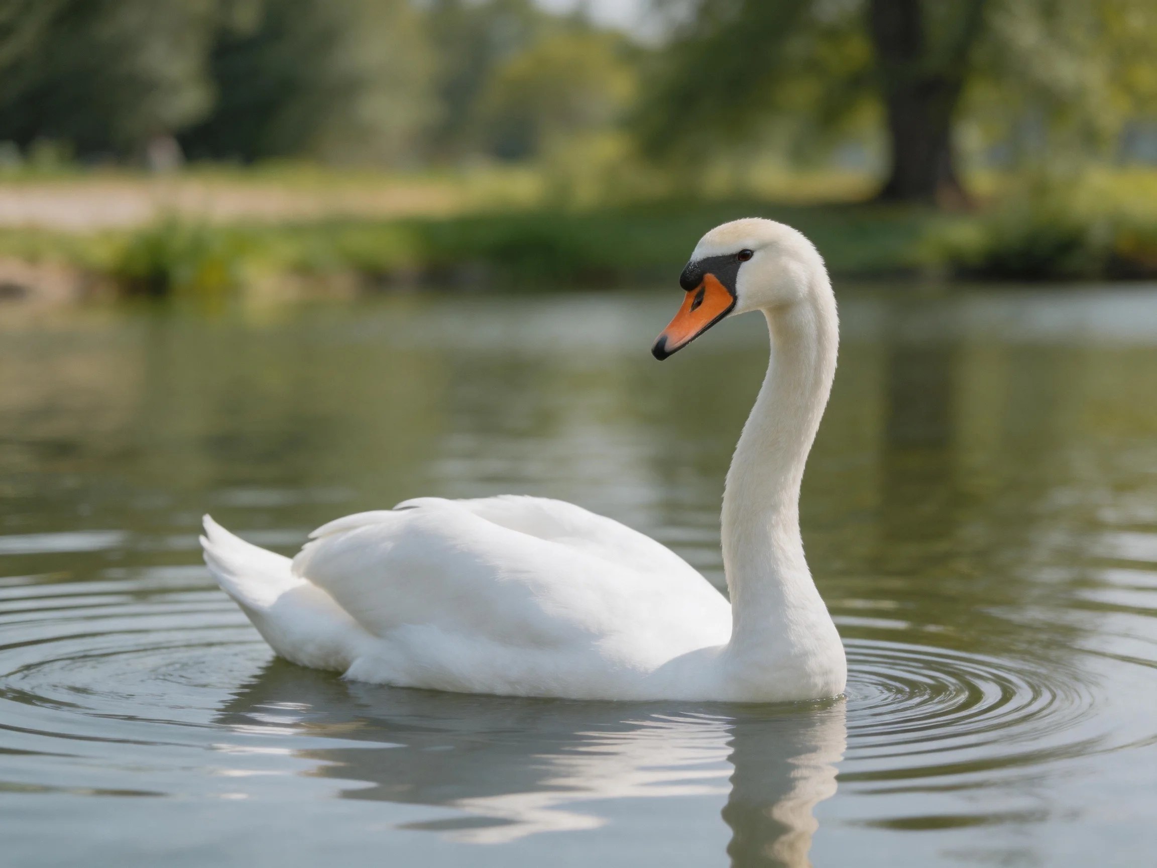 A graceful white swan gliding on calm water