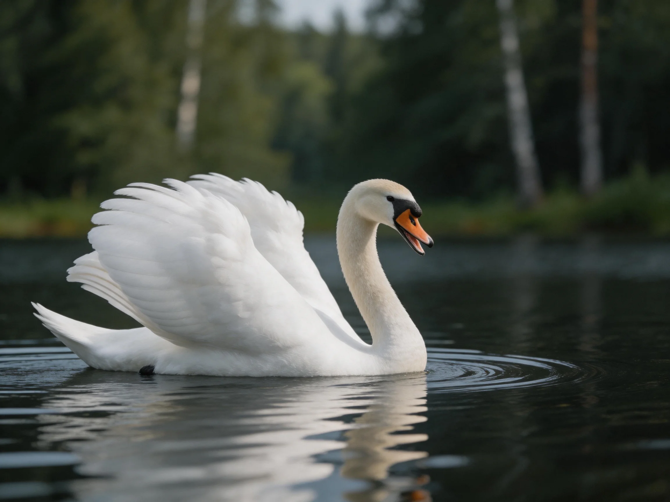 A graceful white swan gliding on calm water