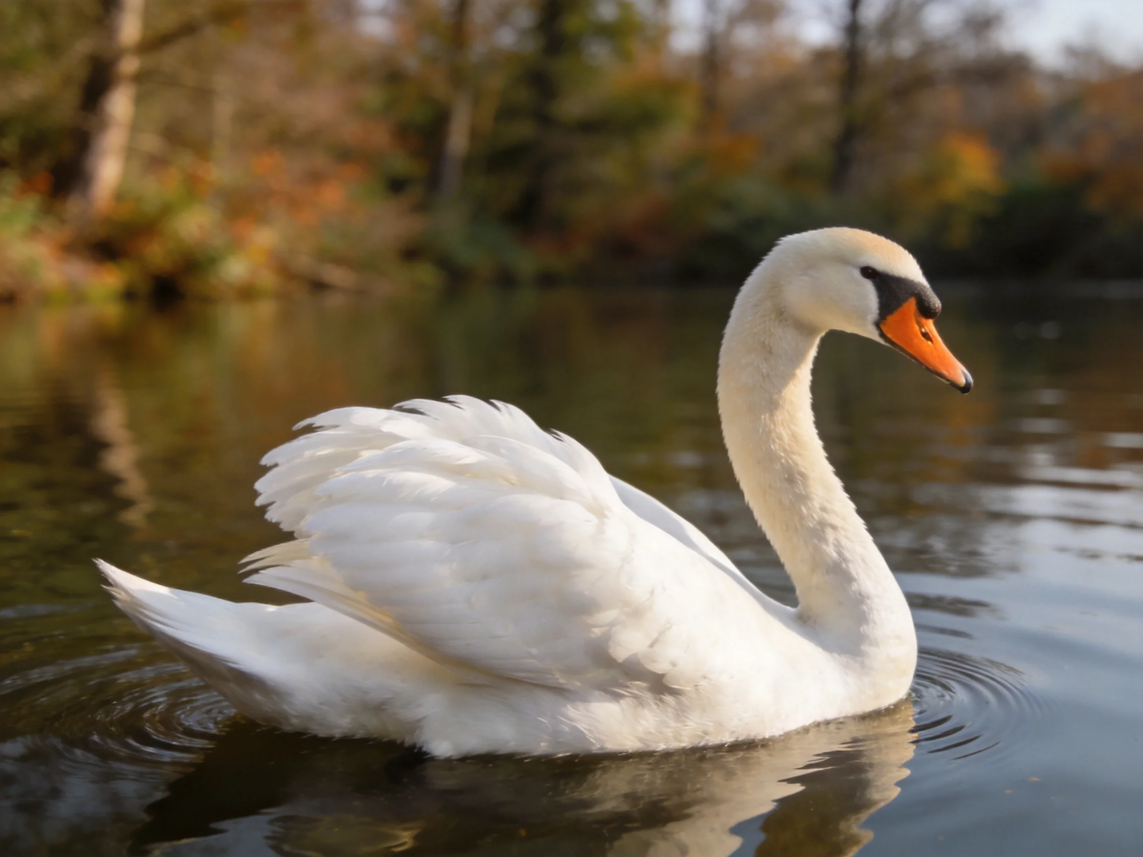 A graceful white swan gliding on calm water near autumn foliage