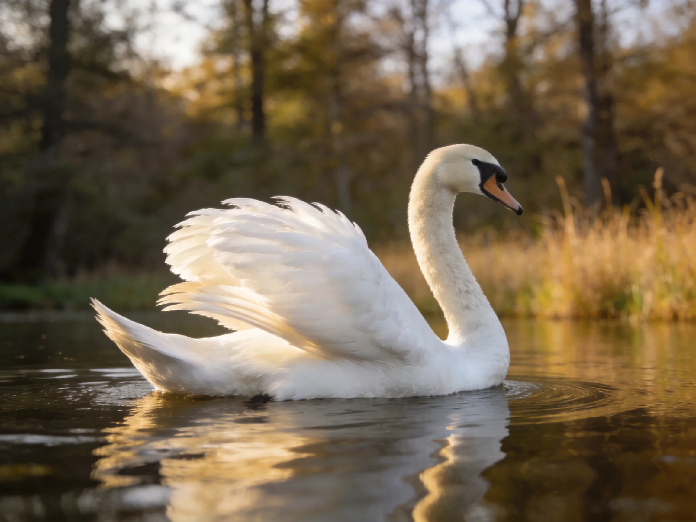 A graceful white swan gliding on calm water near golden reeds