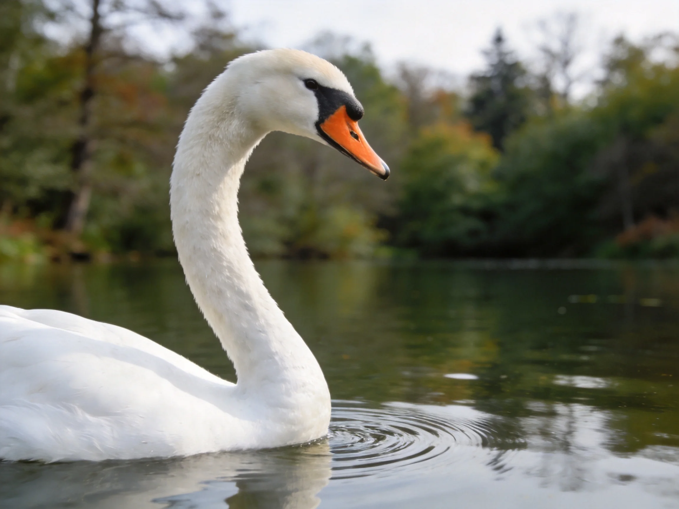 A graceful white swan gliding on calm water near green foliage