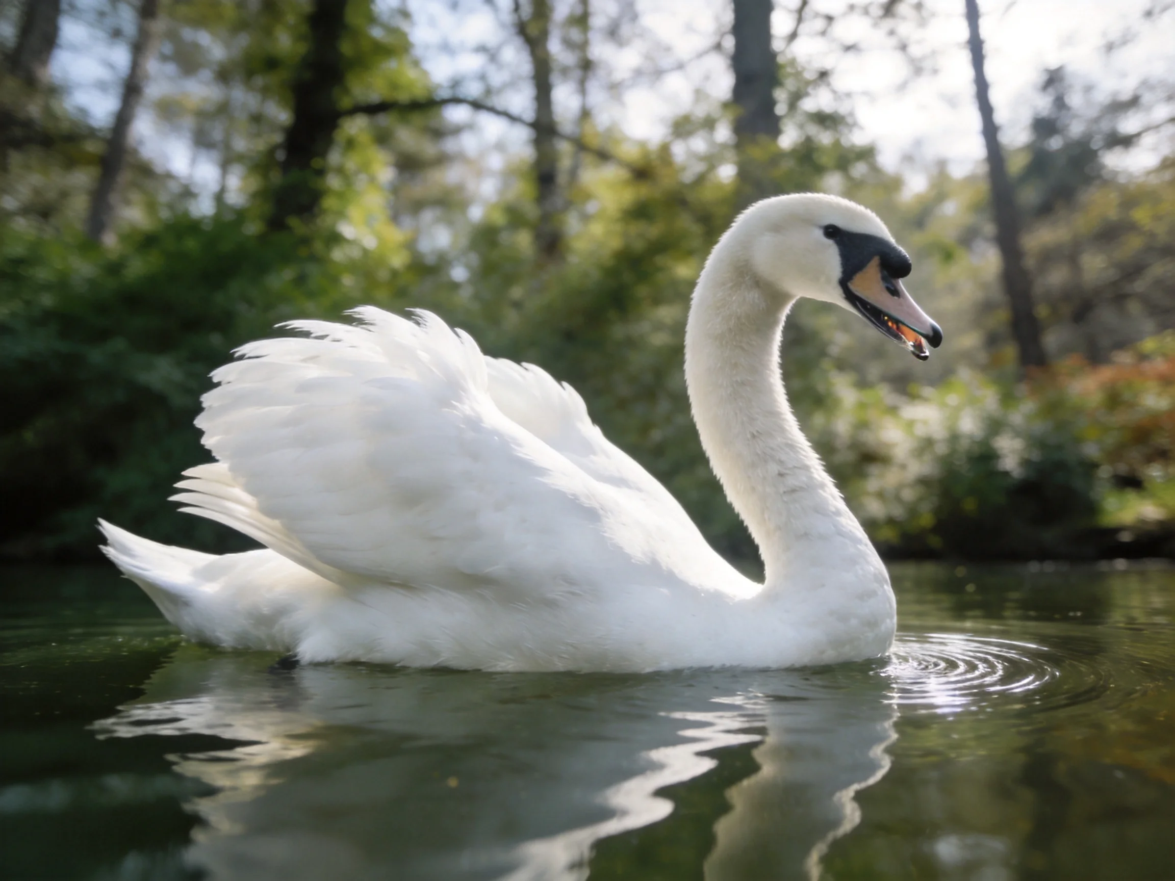 A graceful white swan gliding on calm water near lush greenery