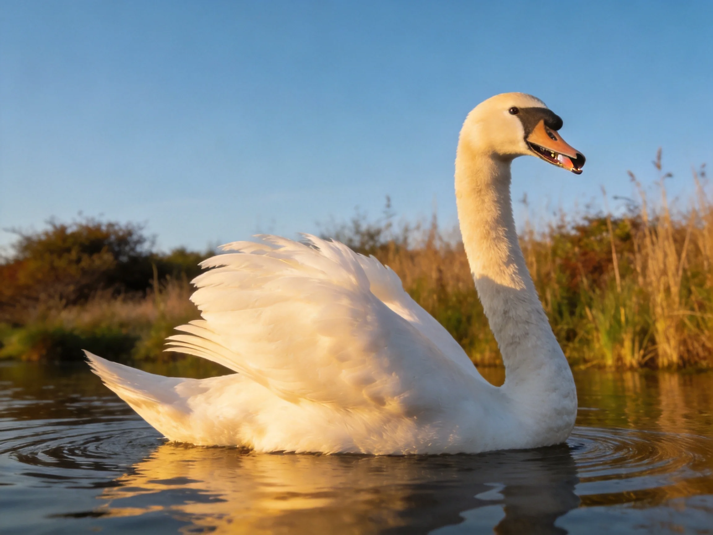 A graceful white swan gliding on calm water near tall reeds